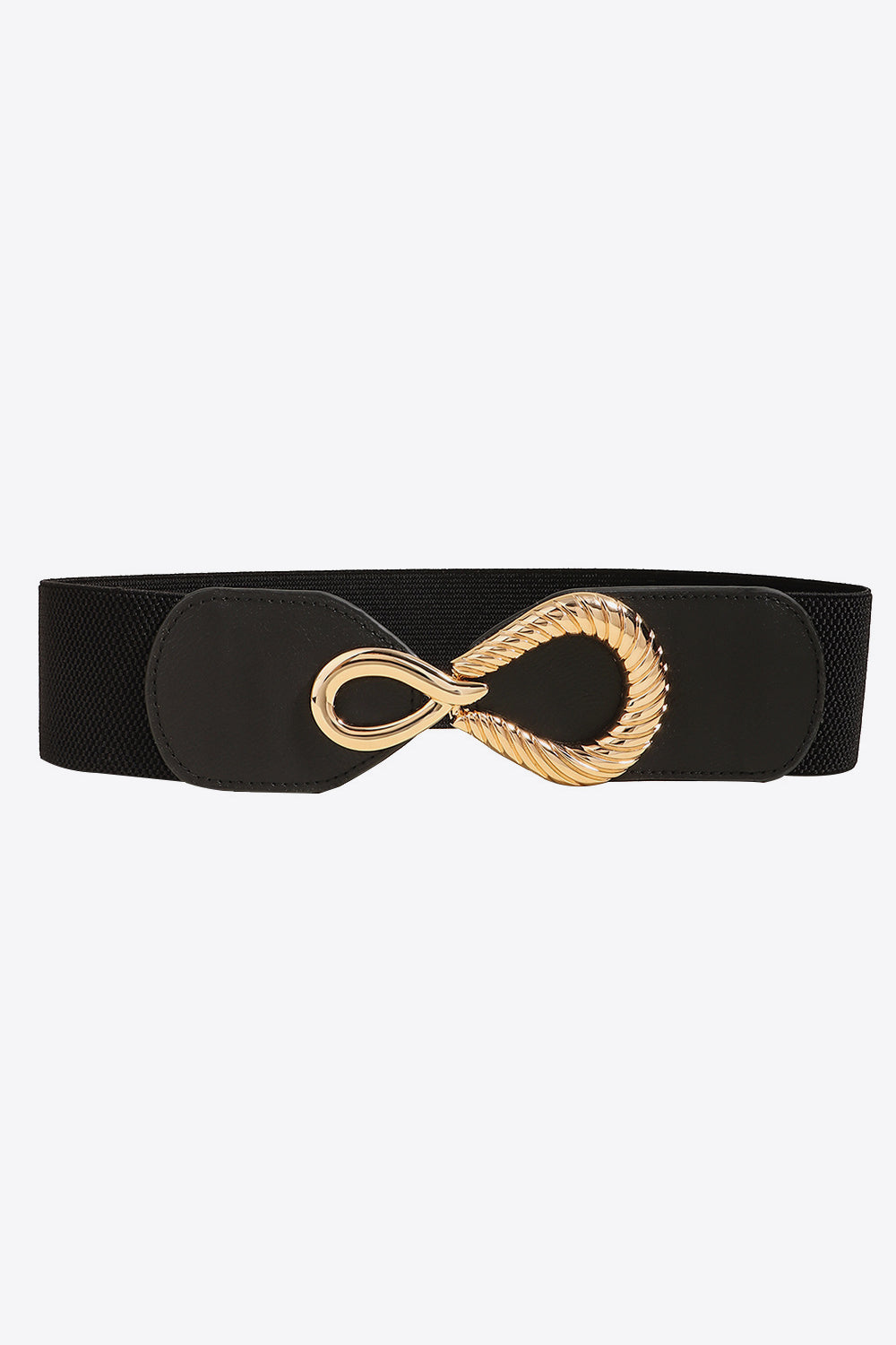 Black ribbed elastic belt with structured PU panels and a sculptural gold-tone alloy interlocking buckle for a defined waist.