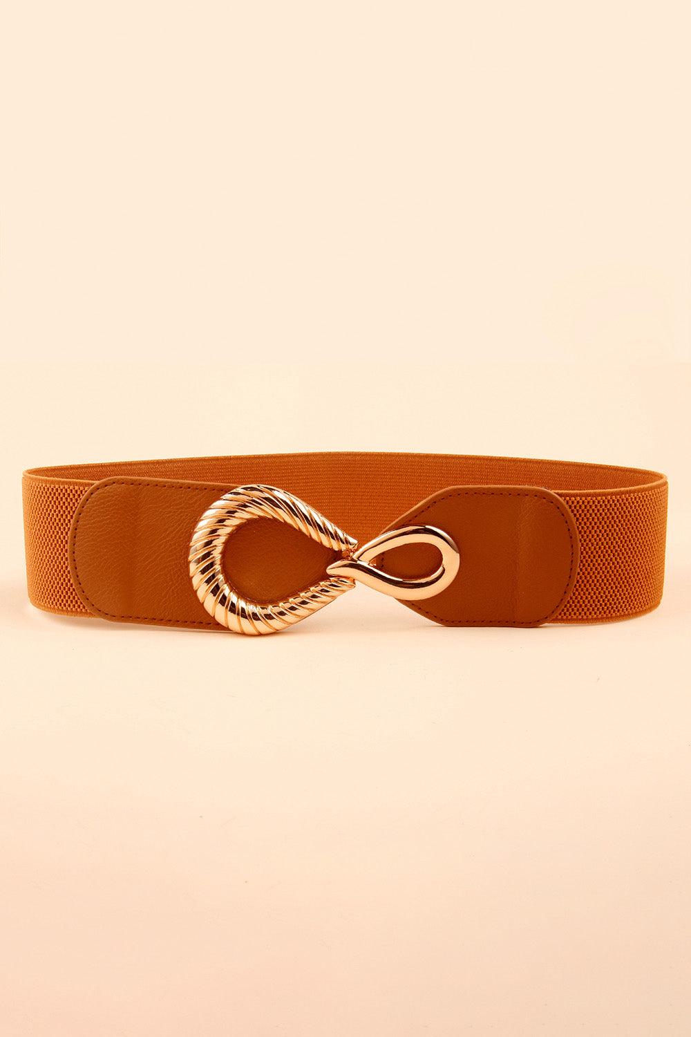 Brown ribbed elastic belt with a structured PU band and sculptural gold-tone alloy interlocking buckle, shown flat to highlight its wide waist-defining silhouette.