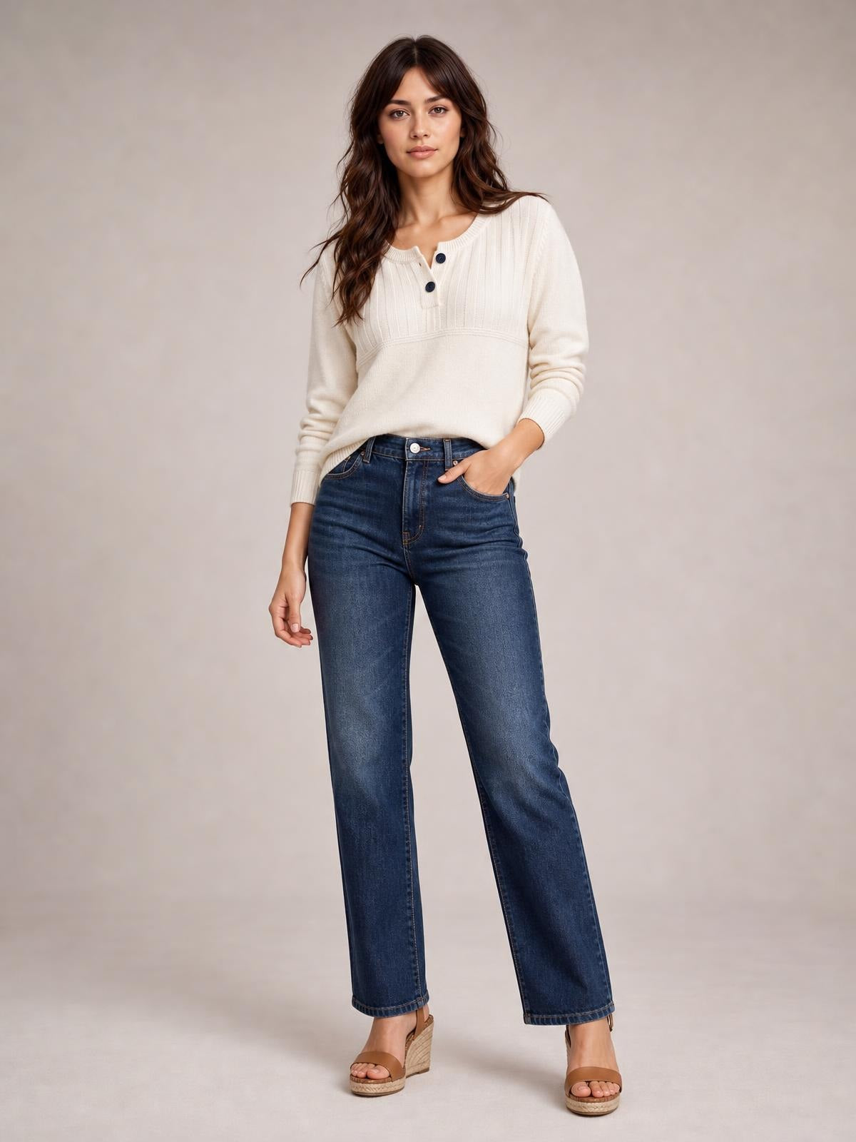 Model wears an ivory ribbed button-detail sweater with long sleeves, seam detail, and a relaxed silhouette, standing with one hand in her jeans pocket.