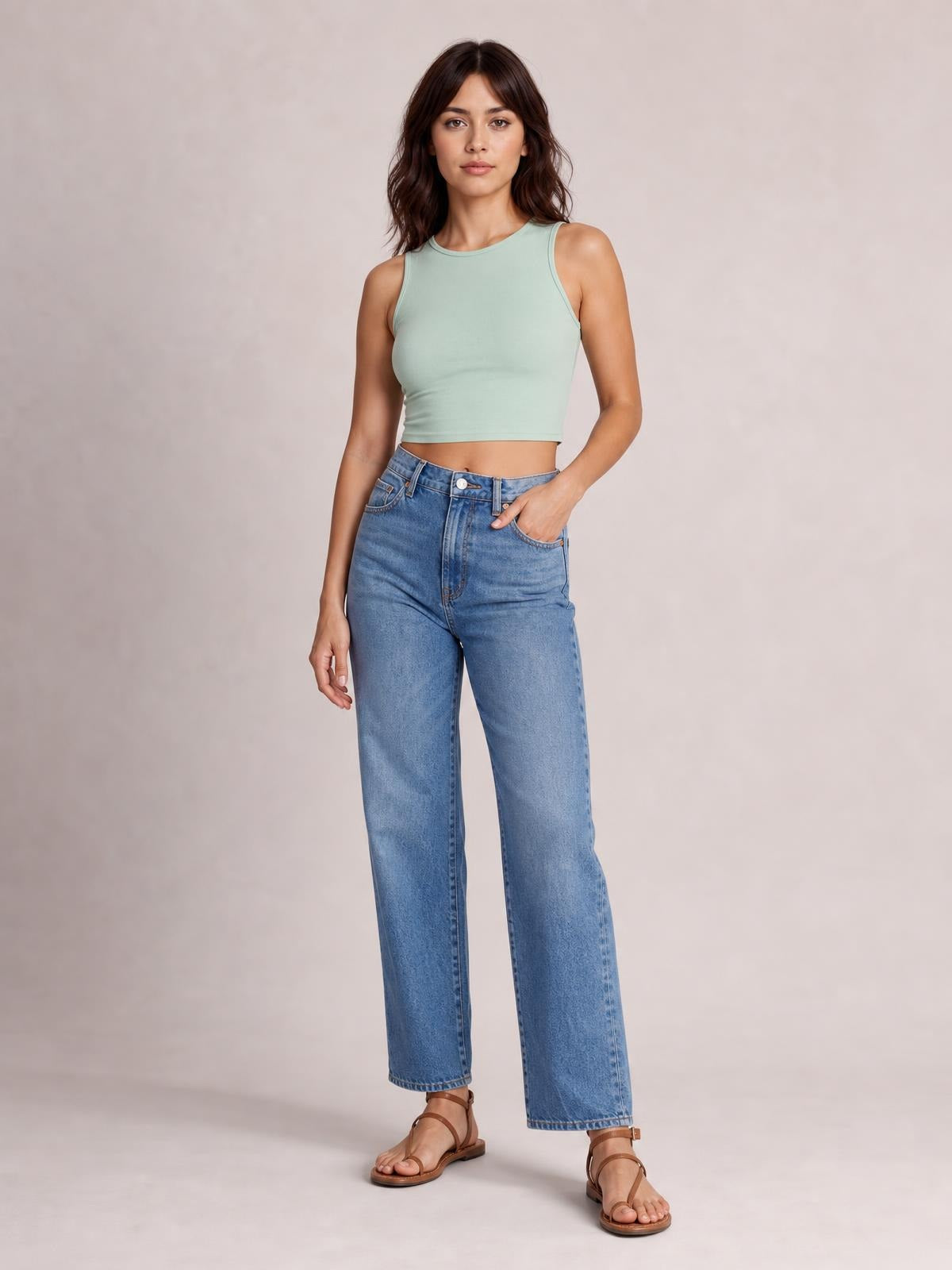 Model poses in a mint green round neck cropped tank with wide shoulder straps, a close stretchy fit, and clean basic construction.