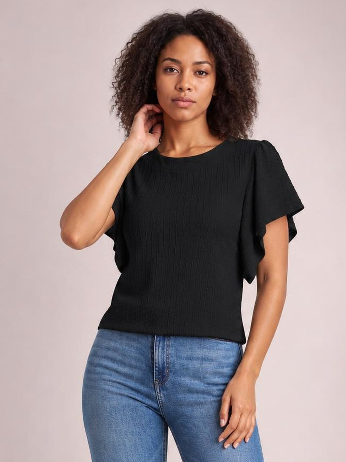 Round Neck Flutter Sleeve T-Shirt · Medium / Three-Quarter