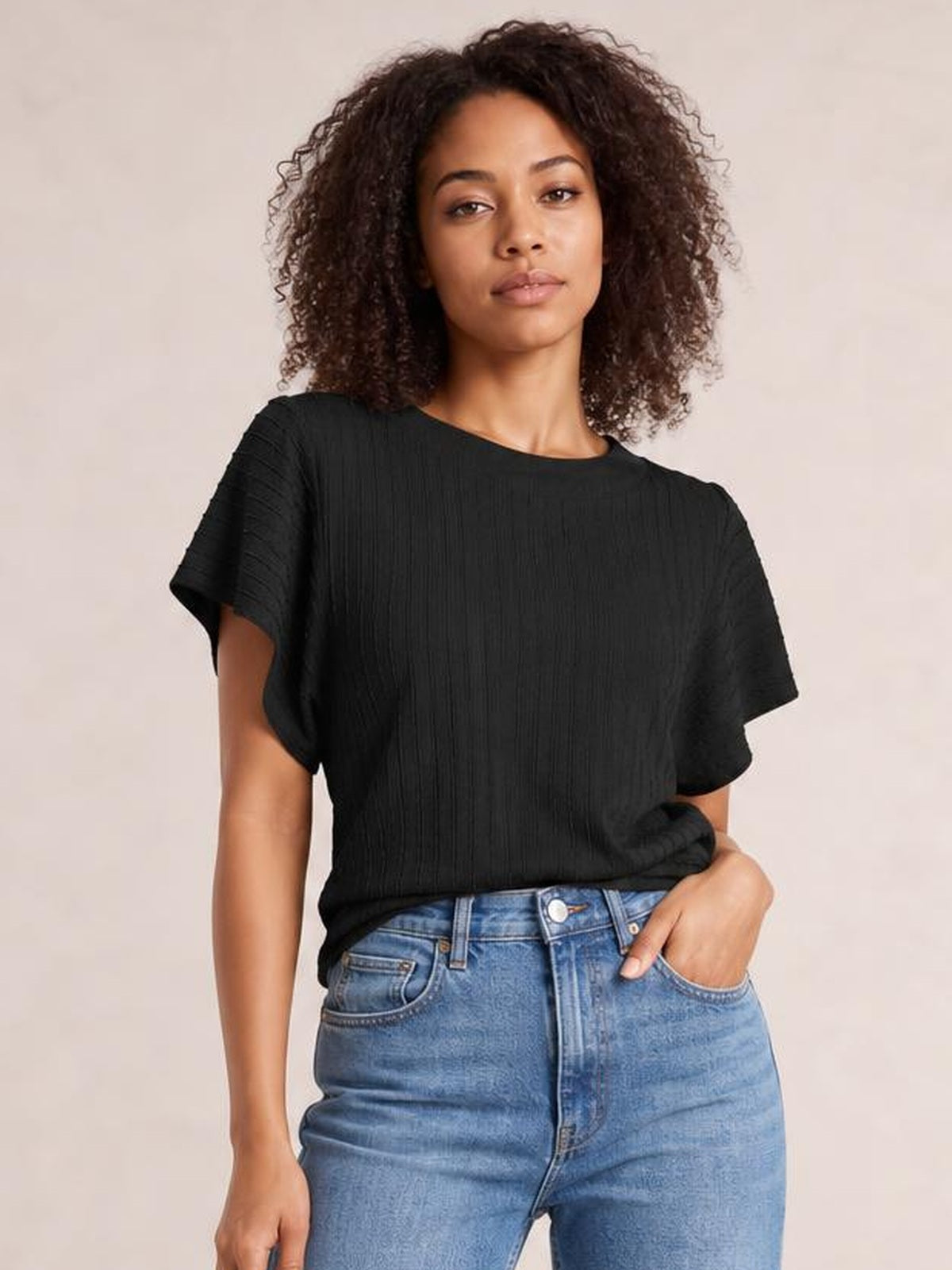 Round Neck Flutter Sleeve T-Shirt · Studio Prop Pose