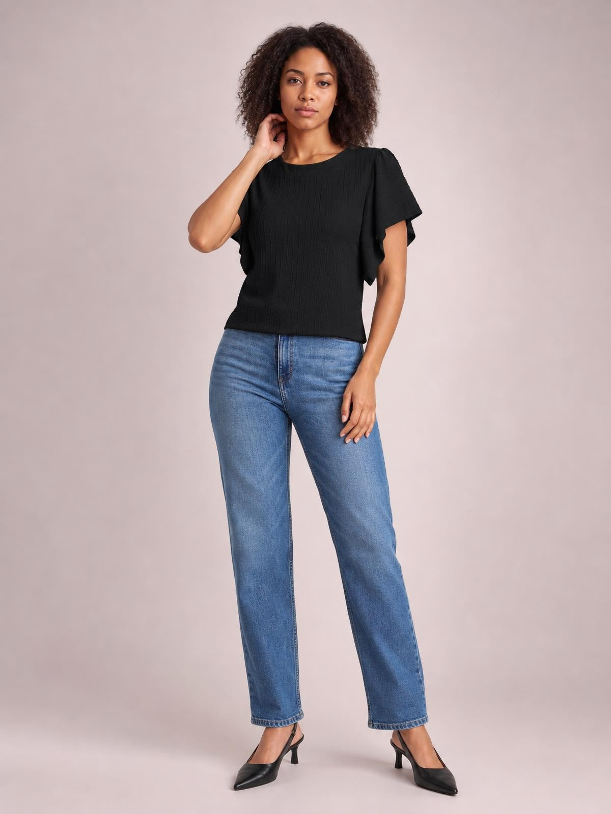Round Neck Flutter Sleeve T-Shirt · Medium / Three-Quarter