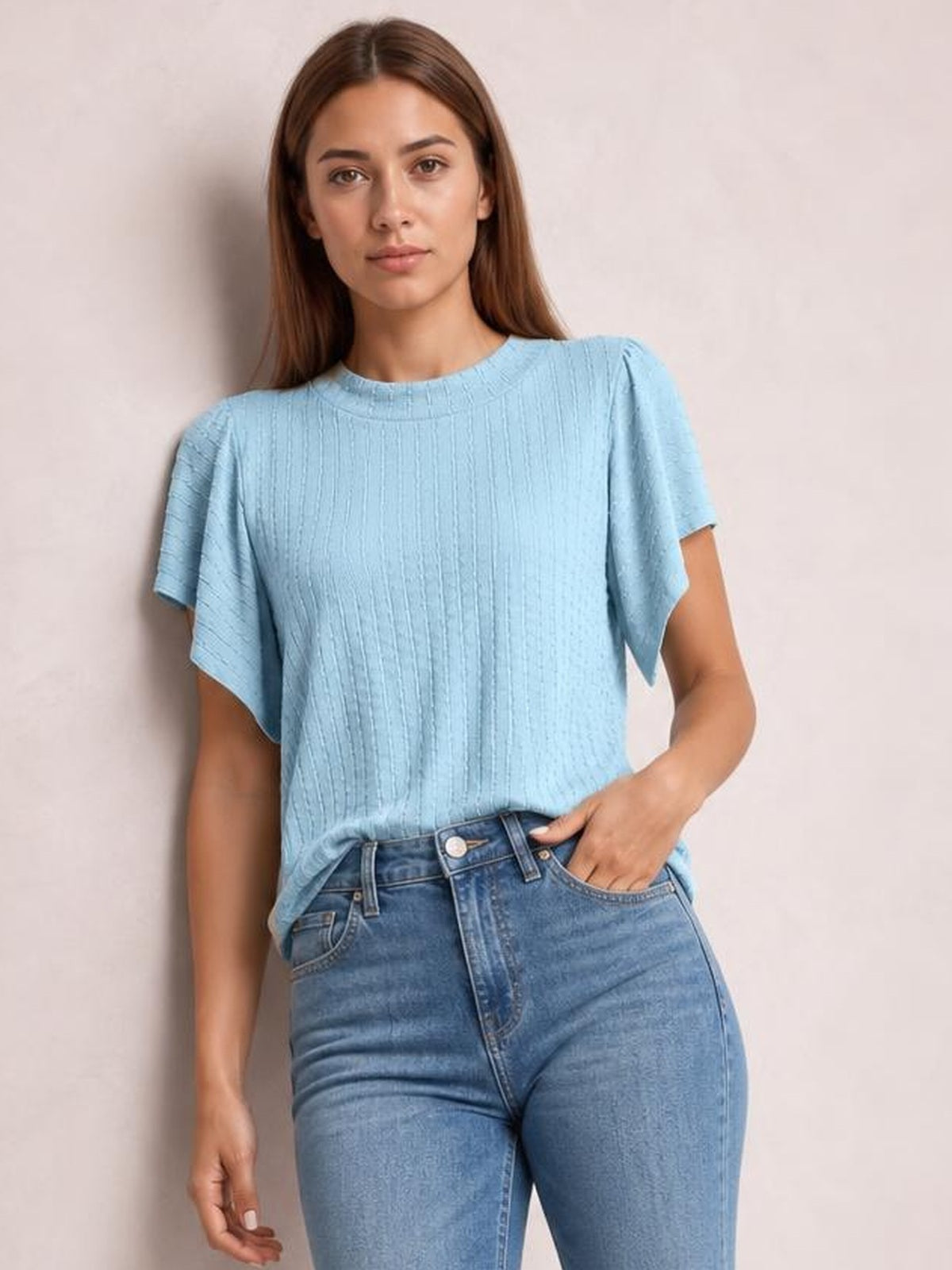 Round Neck Flutter Sleeve T-Shirt · Studio Prop Pose