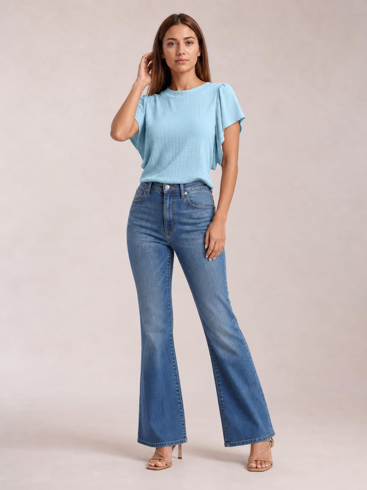Round Neck Flutter Sleeve T-Shirt · Medium / Three-Quarter