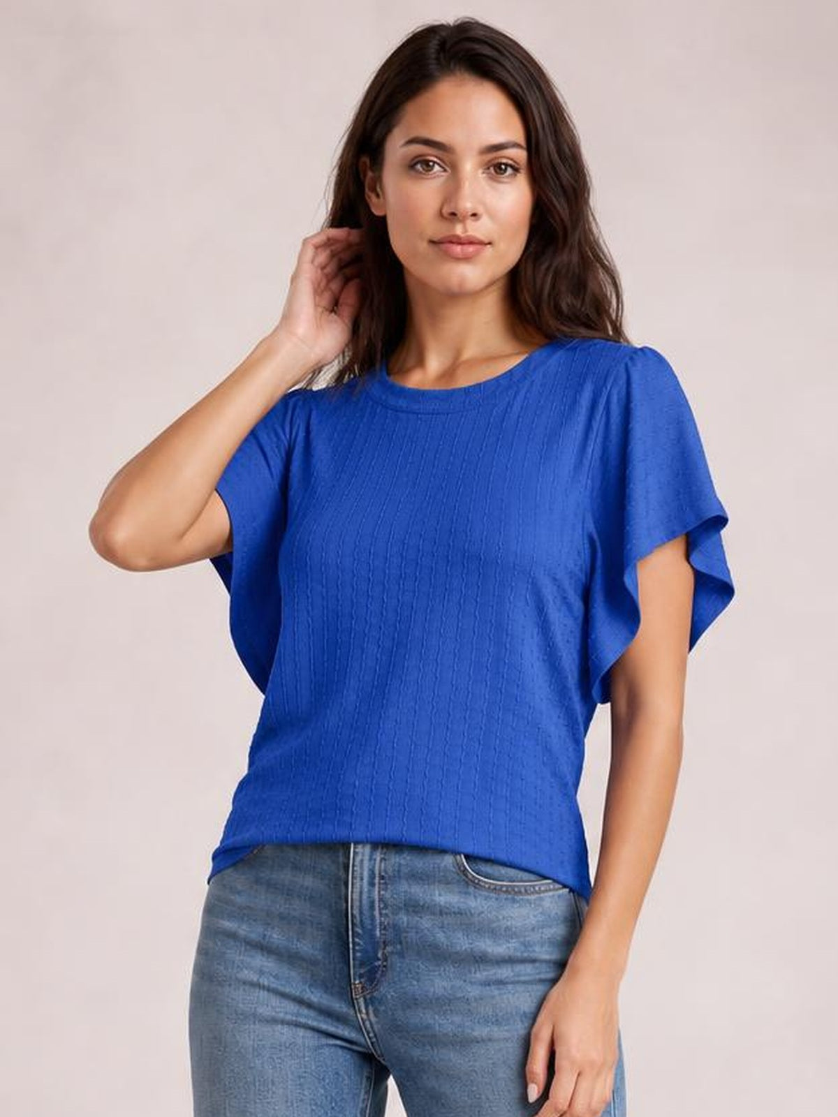 Round Neck Flutter Sleeve T-Shirt · Medium / Three-Quarter