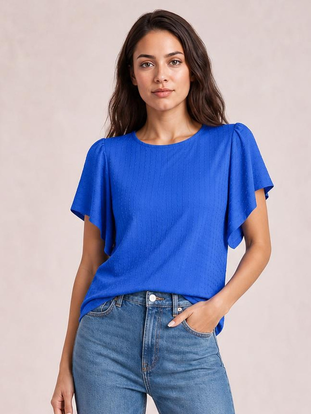 Round Neck Flutter Sleeve T-Shirt · Studio Prop Pose
