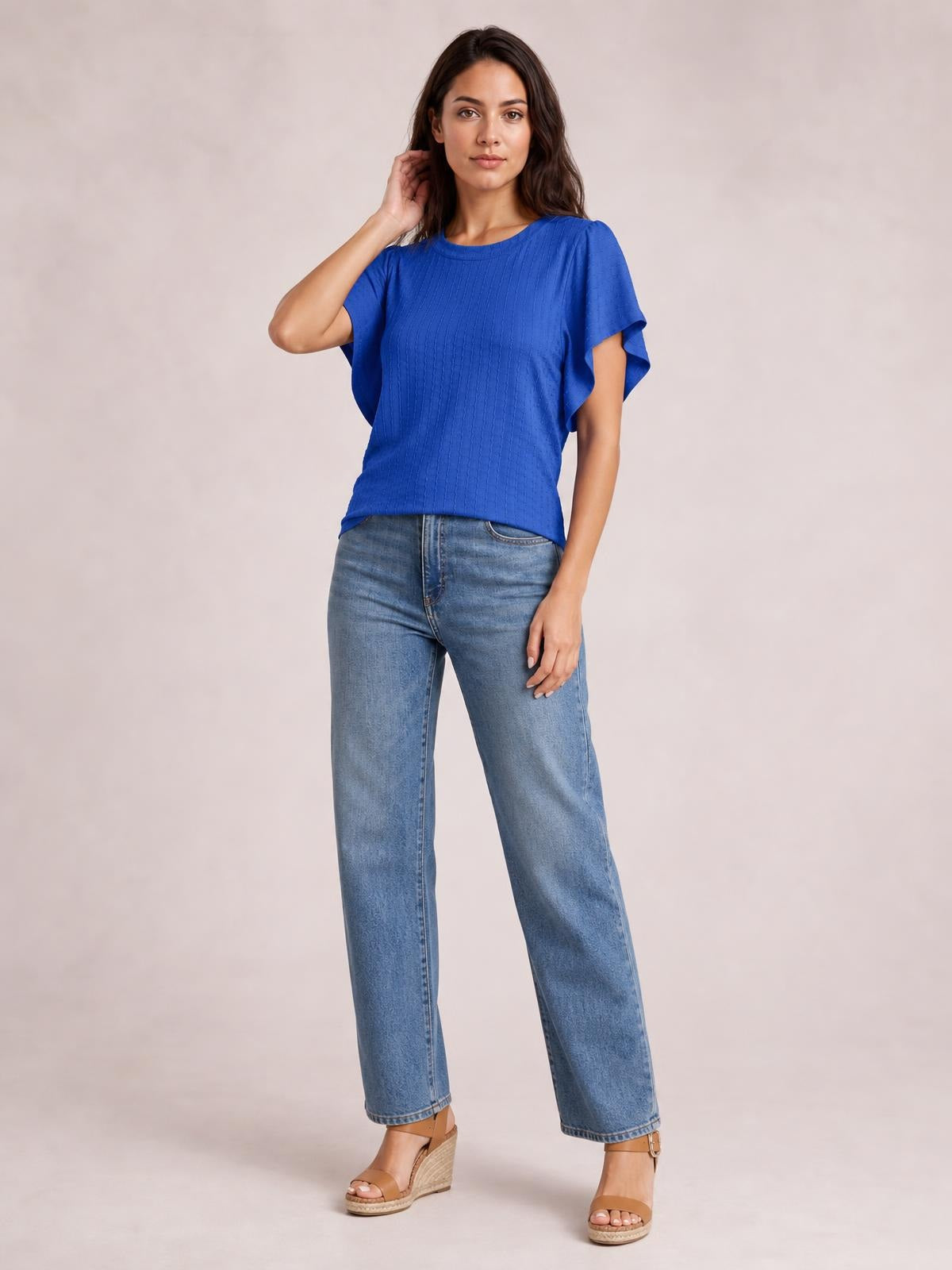 Round Neck Flutter Sleeve T-Shirt · Medium / Three-Quarter