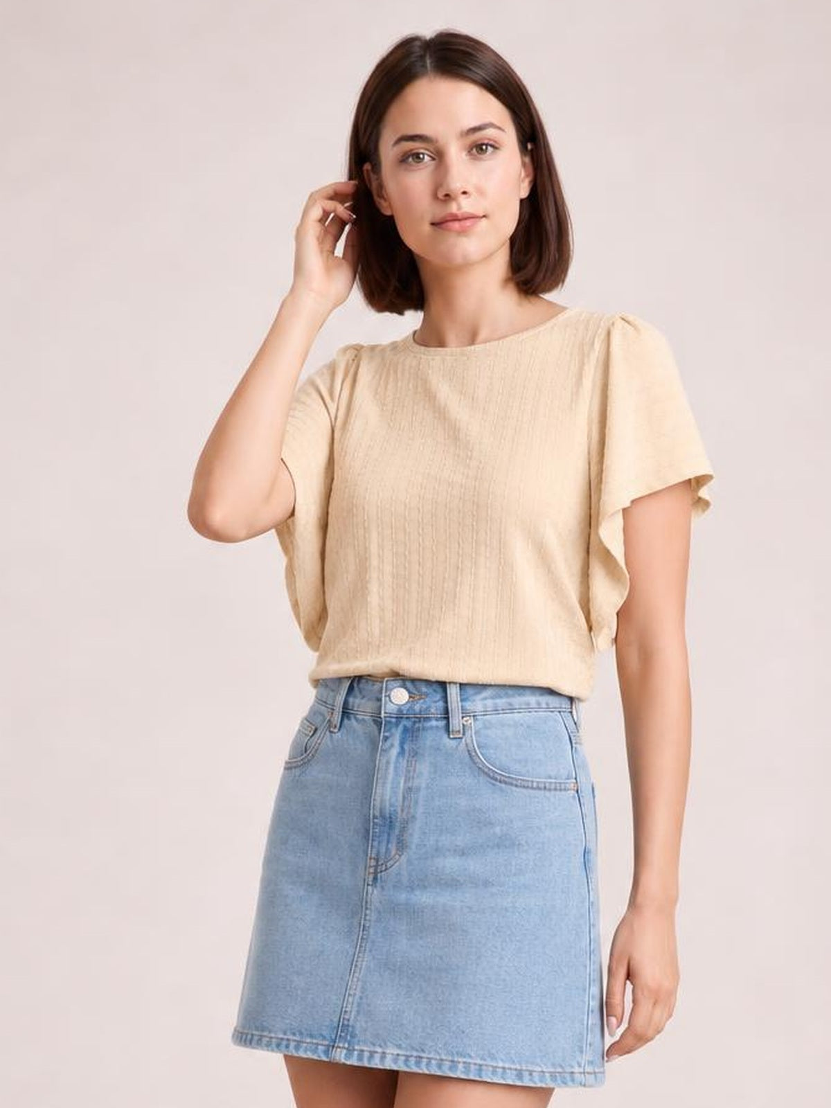 Round Neck Flutter Sleeve T-Shirt · Medium / Three-Quarter