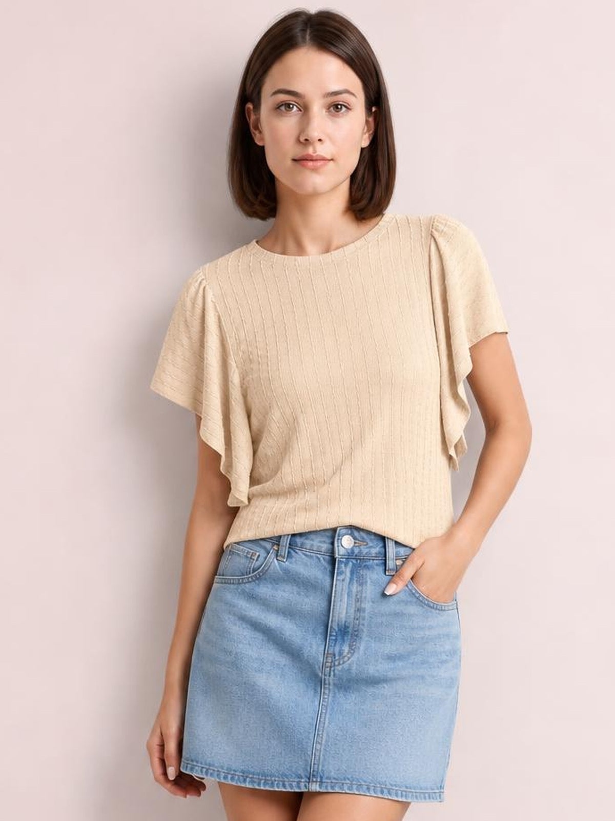 Round Neck Flutter Sleeve T-Shirt · Studio Prop Pose