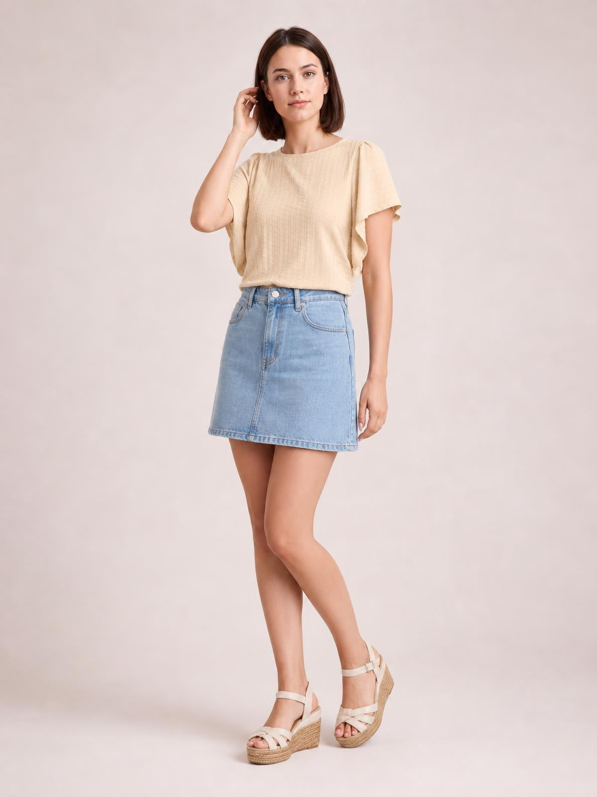 Round Neck Flutter Sleeve T-Shirt · Medium / Three-Quarter