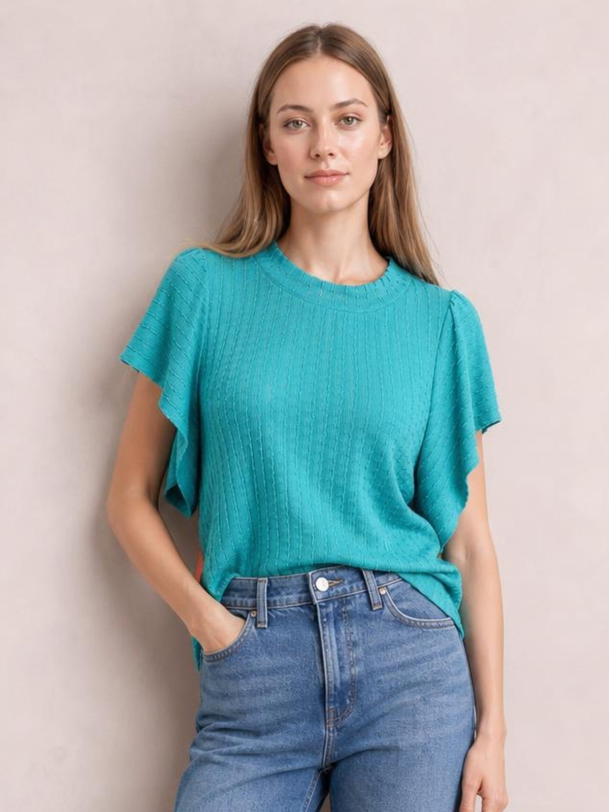 Round Neck Flutter Sleeve T-Shirt · Studio Prop Pose