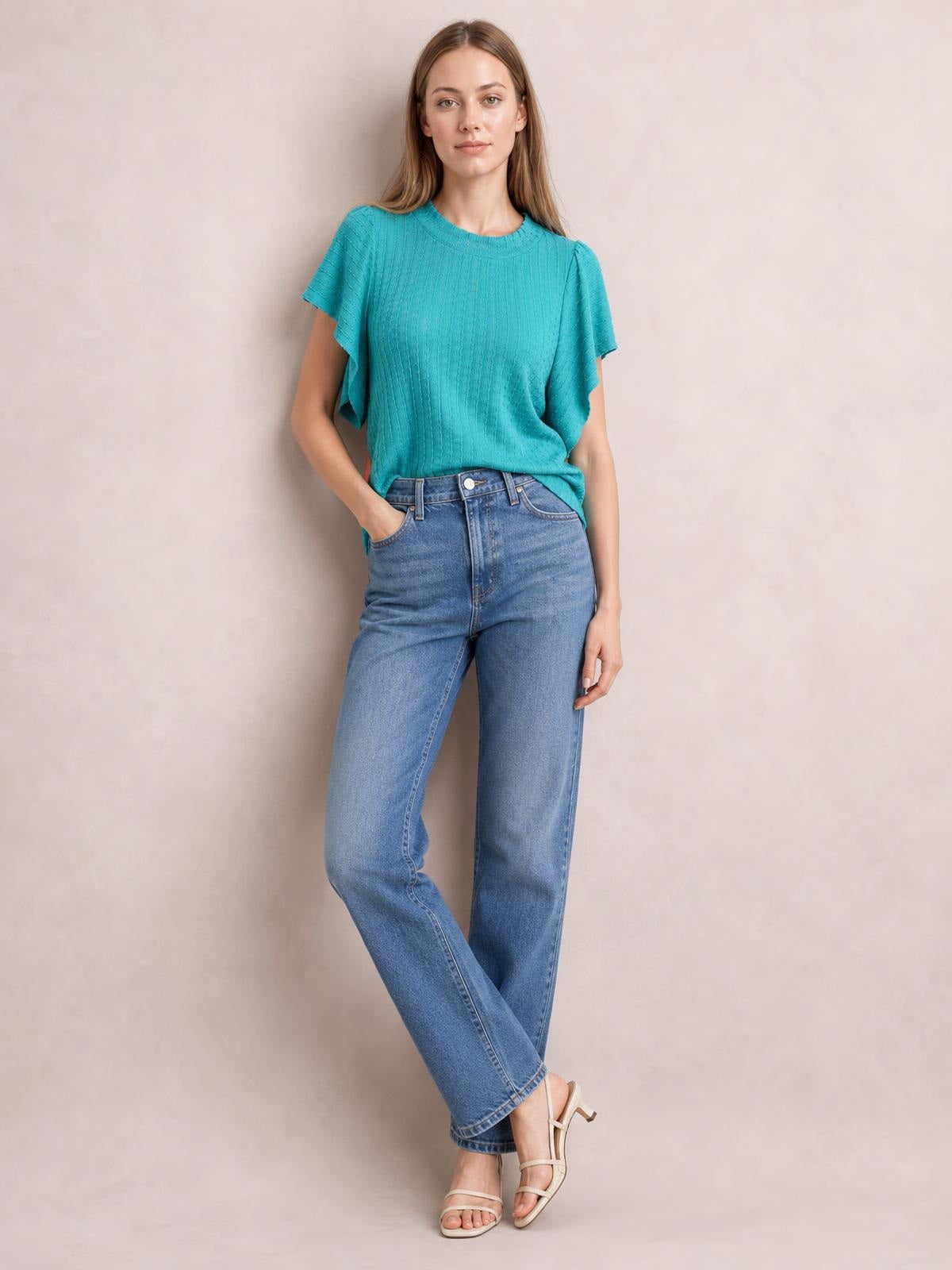 Round Neck Flutter Sleeve T-Shirt · Studio Prop Pose