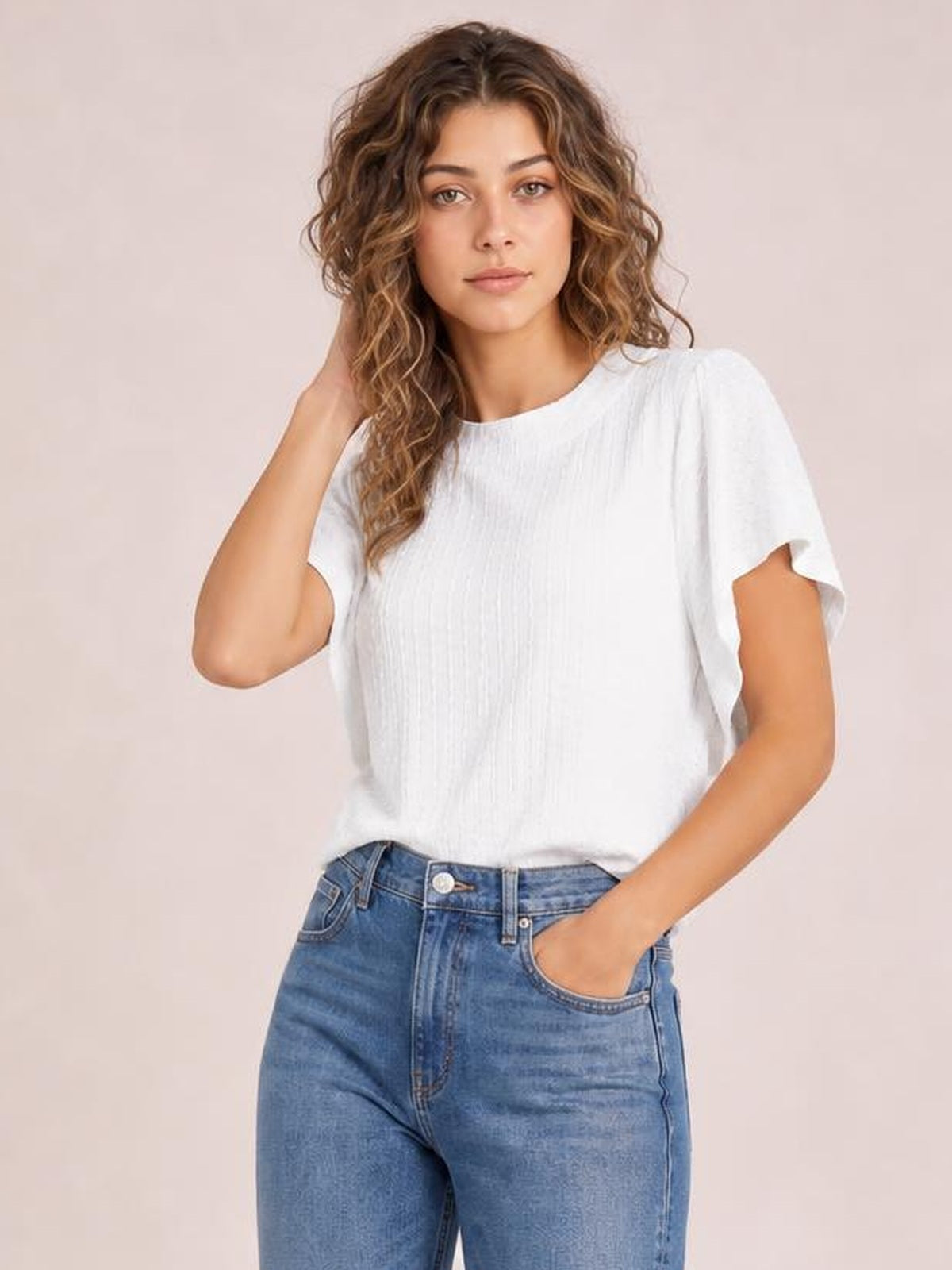 Round Neck Flutter Sleeve T-Shirt · Medium / Three-Quarter