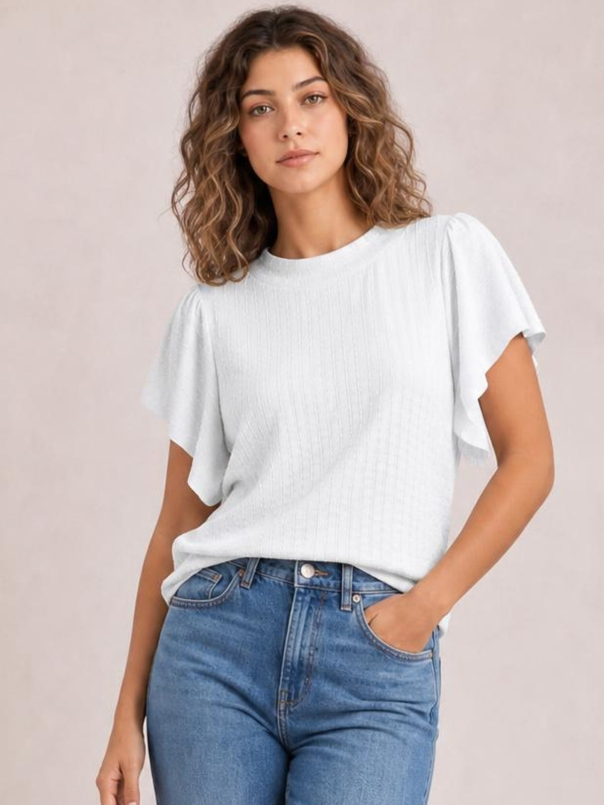 Round Neck Flutter Sleeve T-Shirt · Studio Prop Pose