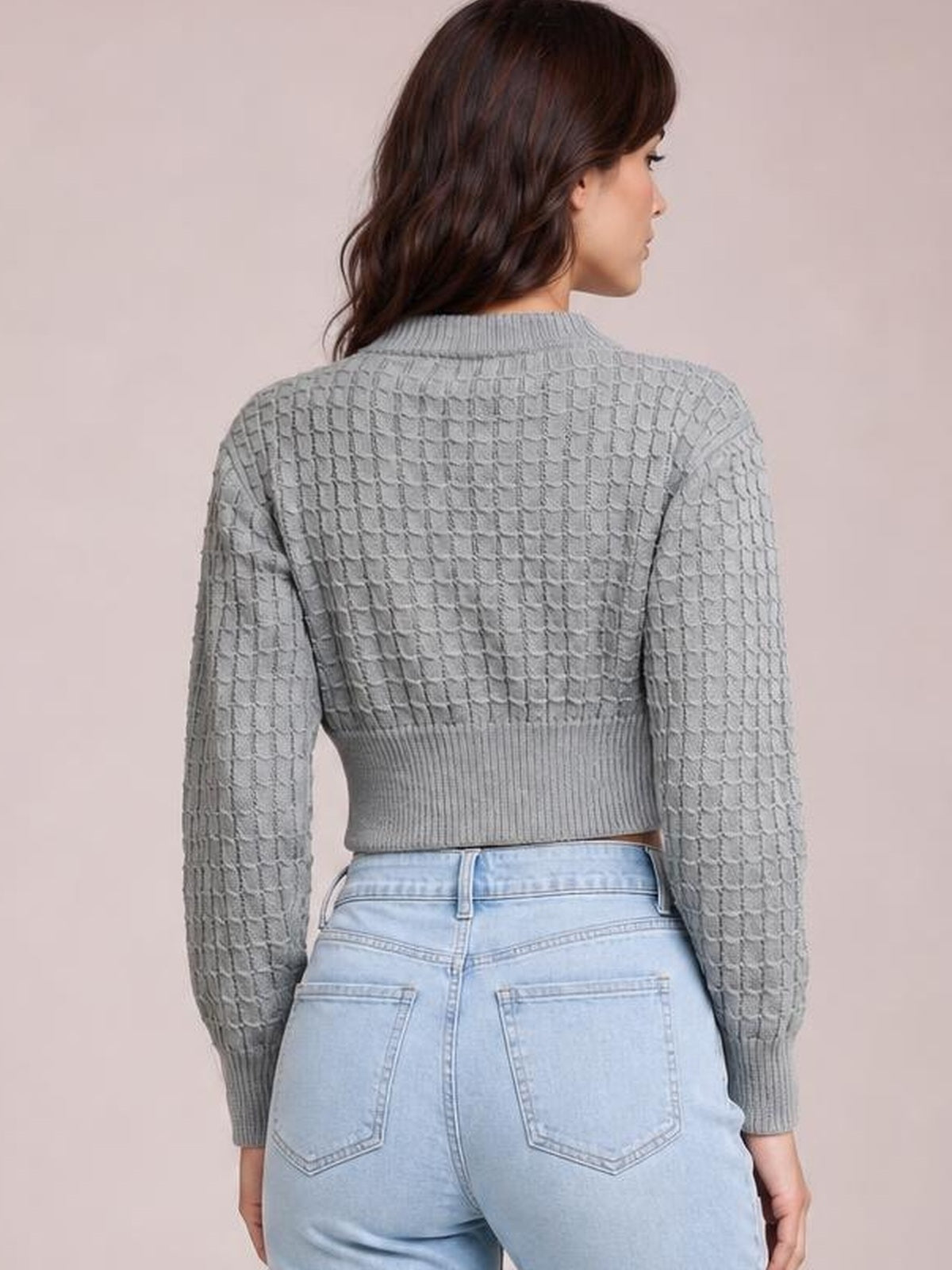 A model faces away in a gray cropped sweater with long sleeves, a round neckline, textured knit construction, and ribbed collar, cuffs, and hem.