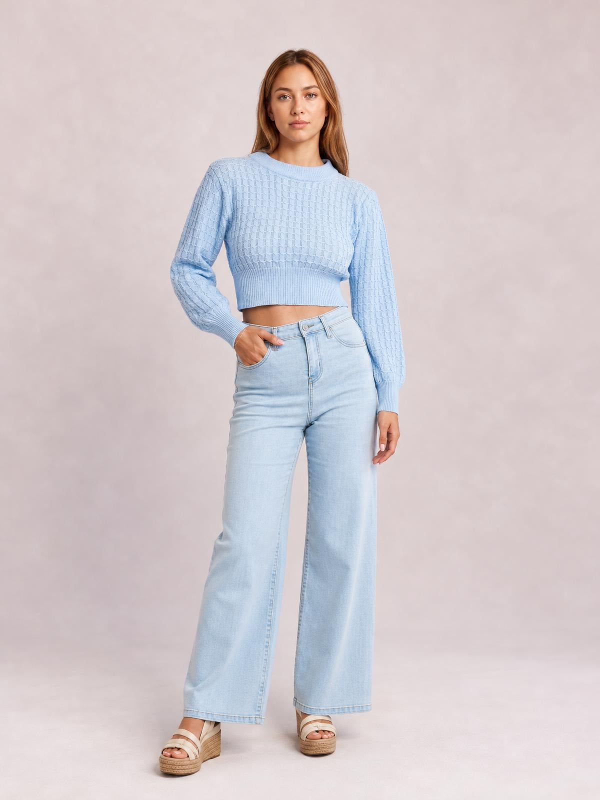 Model wearing a light blue round-neck long-sleeve cropped sweater with textured knit construction, ribbed cuffs and hem, posed with one hand in her jeans pocket.