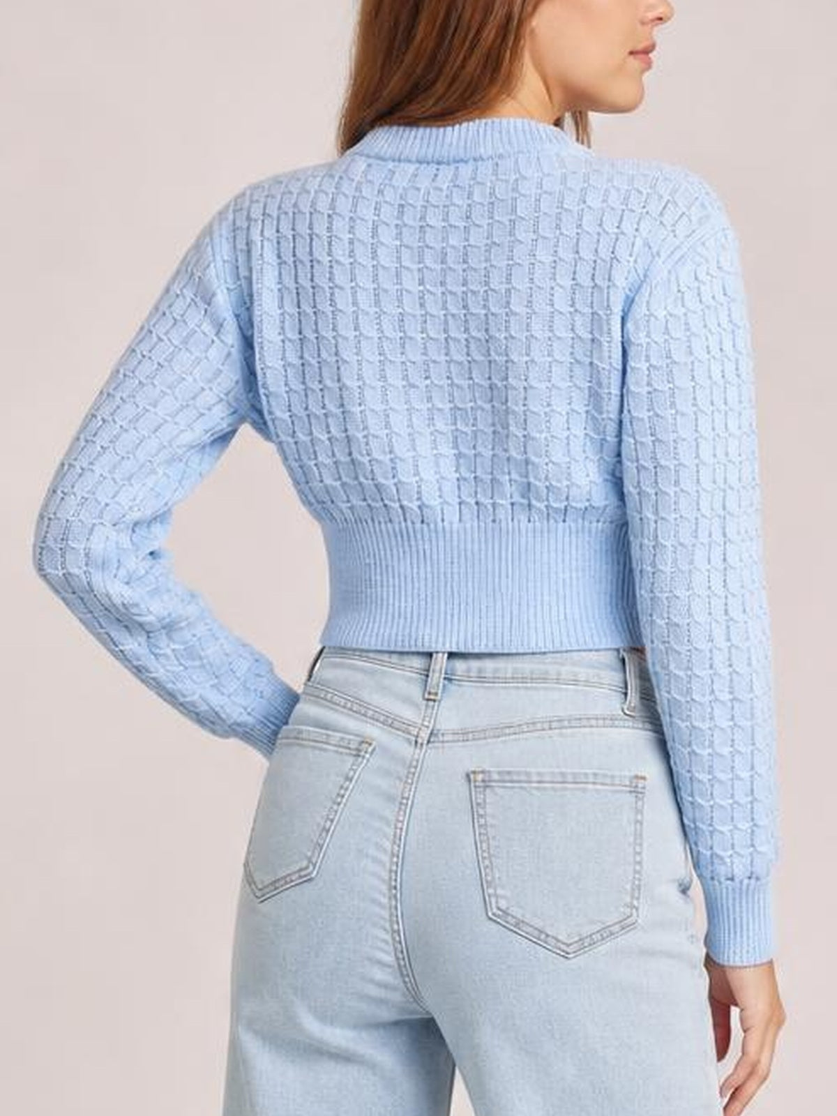 Model poses with one hand on her hip, showing the back of a light blue cropped sweater with long sleeves, ribbed collar, cuffs, hem, and textured knit construction.