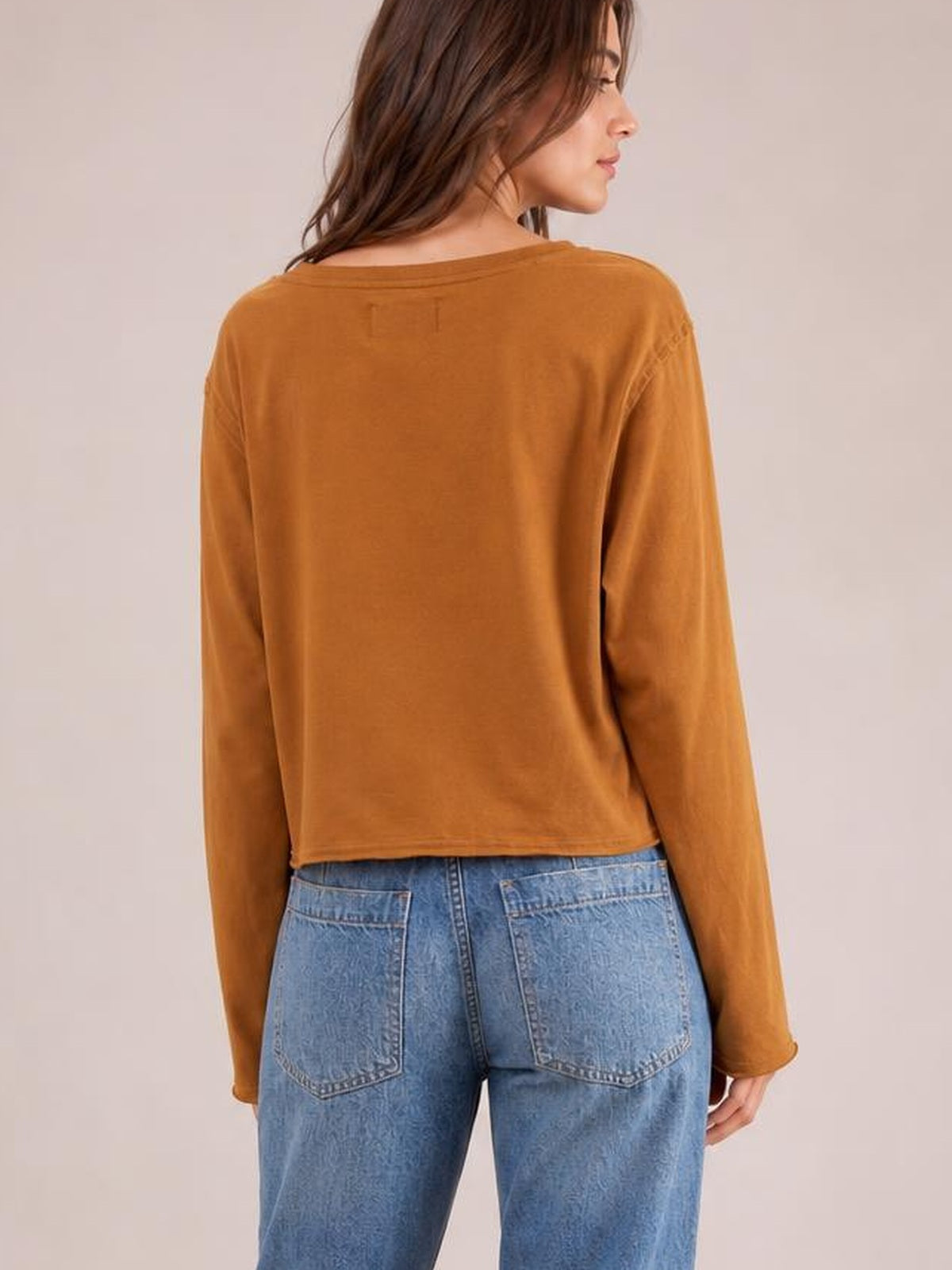A model shown from behind wears a rust-brown round-neck long-sleeve cropped T-shirt with a relaxed silhouette and straight hem.
