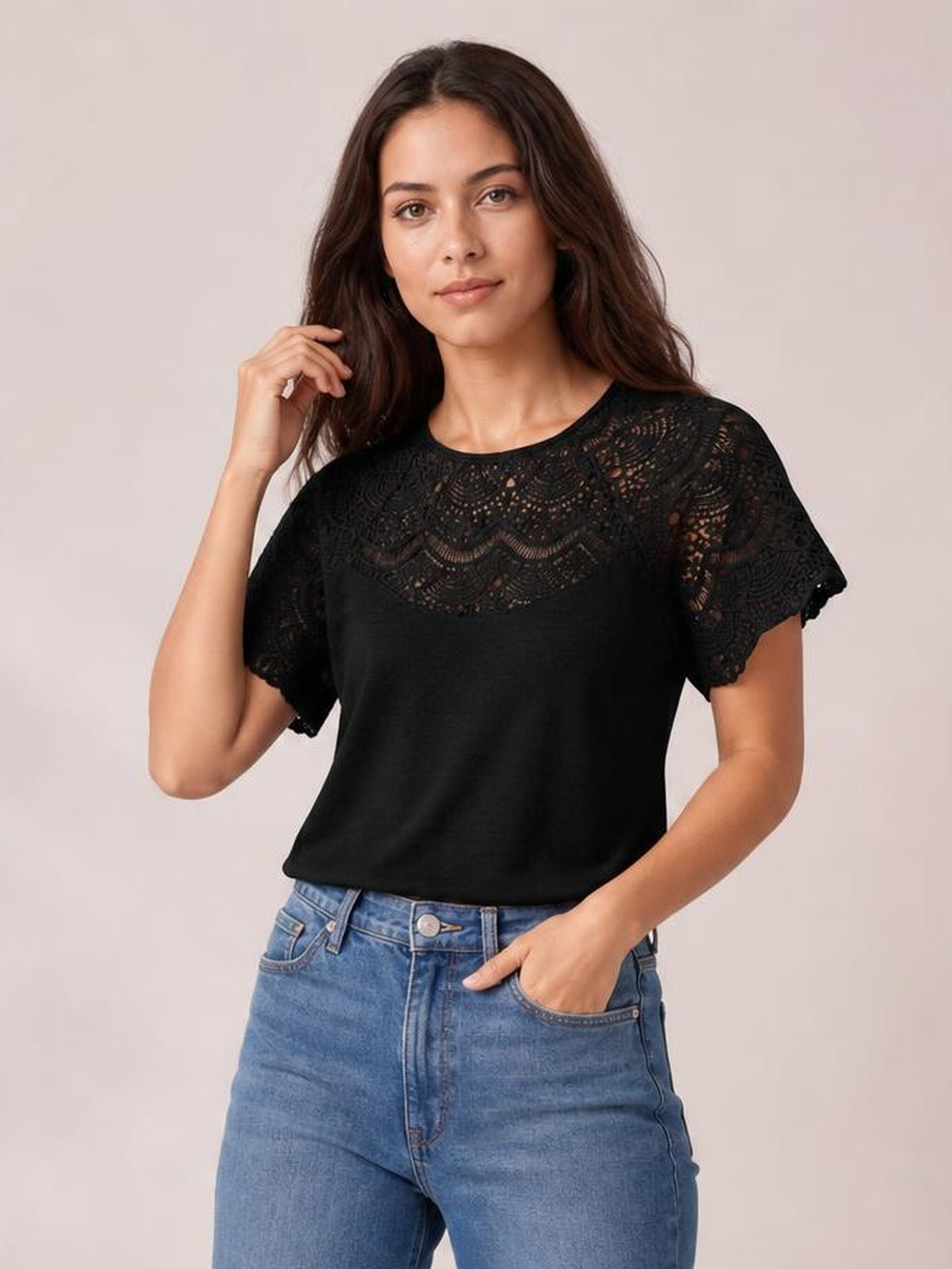 Round Neck Short Sleeve Crochet Top · Medium / Three-Quarter