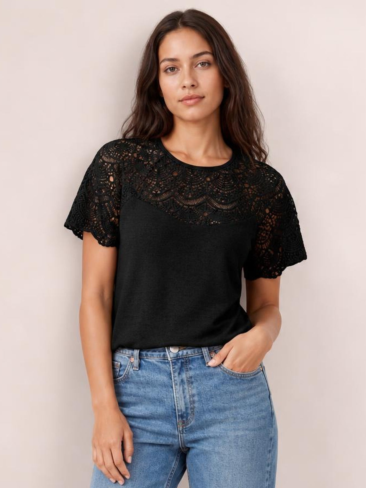 Round Neck Short Sleeve Crochet Top · Studio Prop Pose
