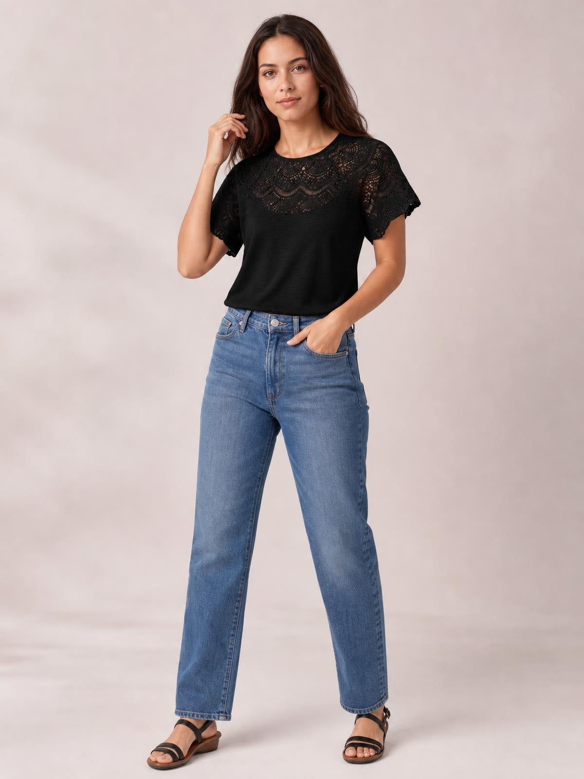 Round Neck Short Sleeve Crochet Top · Medium / Three-Quarter
