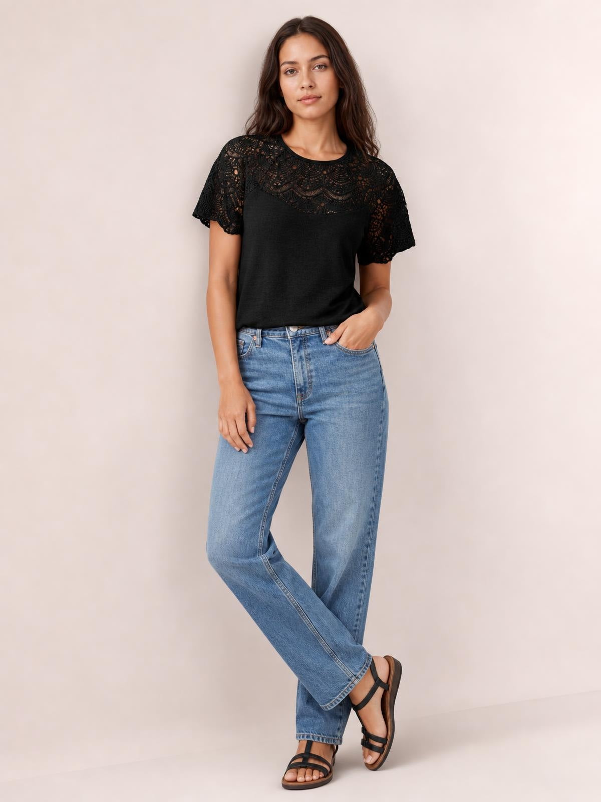 Round Neck Short Sleeve Crochet Top · Studio Prop Pose