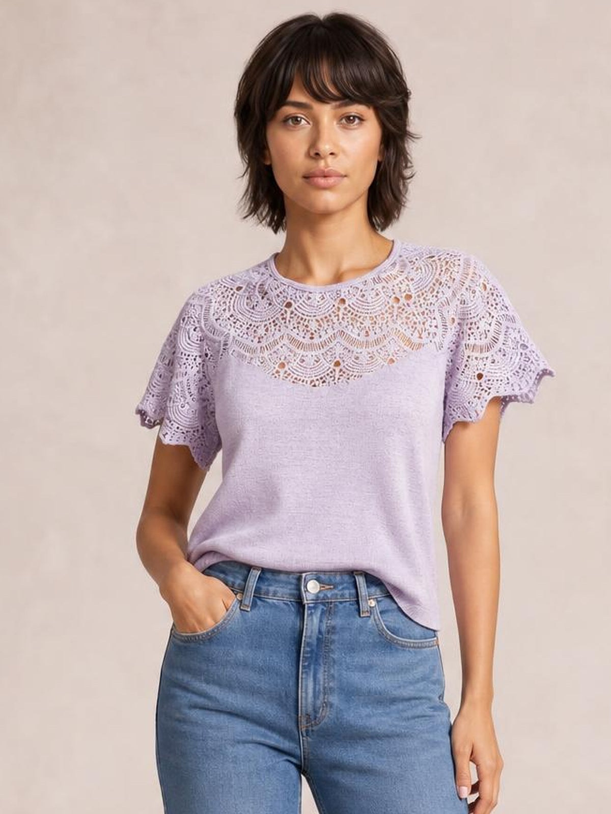 Round Neck Short Sleeve Crochet Top · Hero Full Body