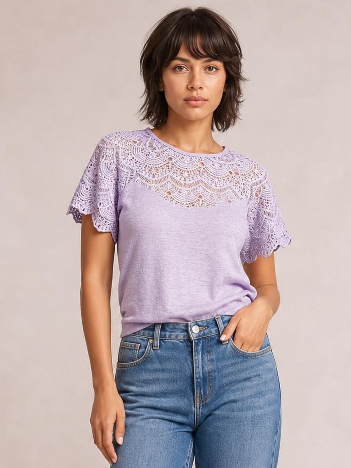 Round Neck Short Sleeve Crochet Top · Studio Prop Pose