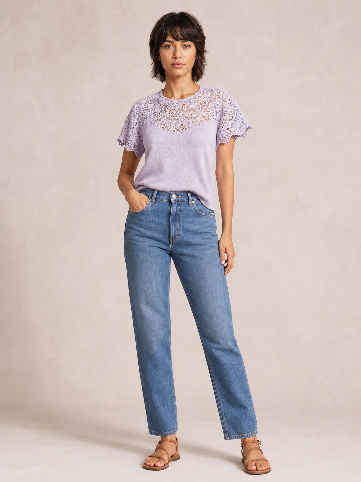 Round Neck Short Sleeve Crochet Top · Hero Full Body