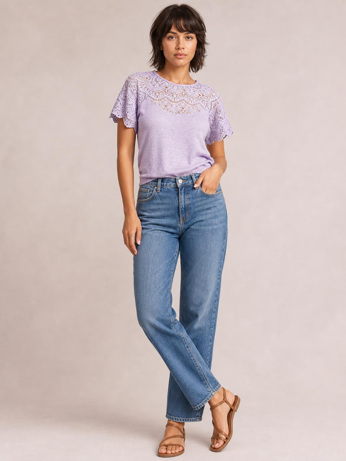 Round Neck Short Sleeve Crochet Top · Studio Prop Pose