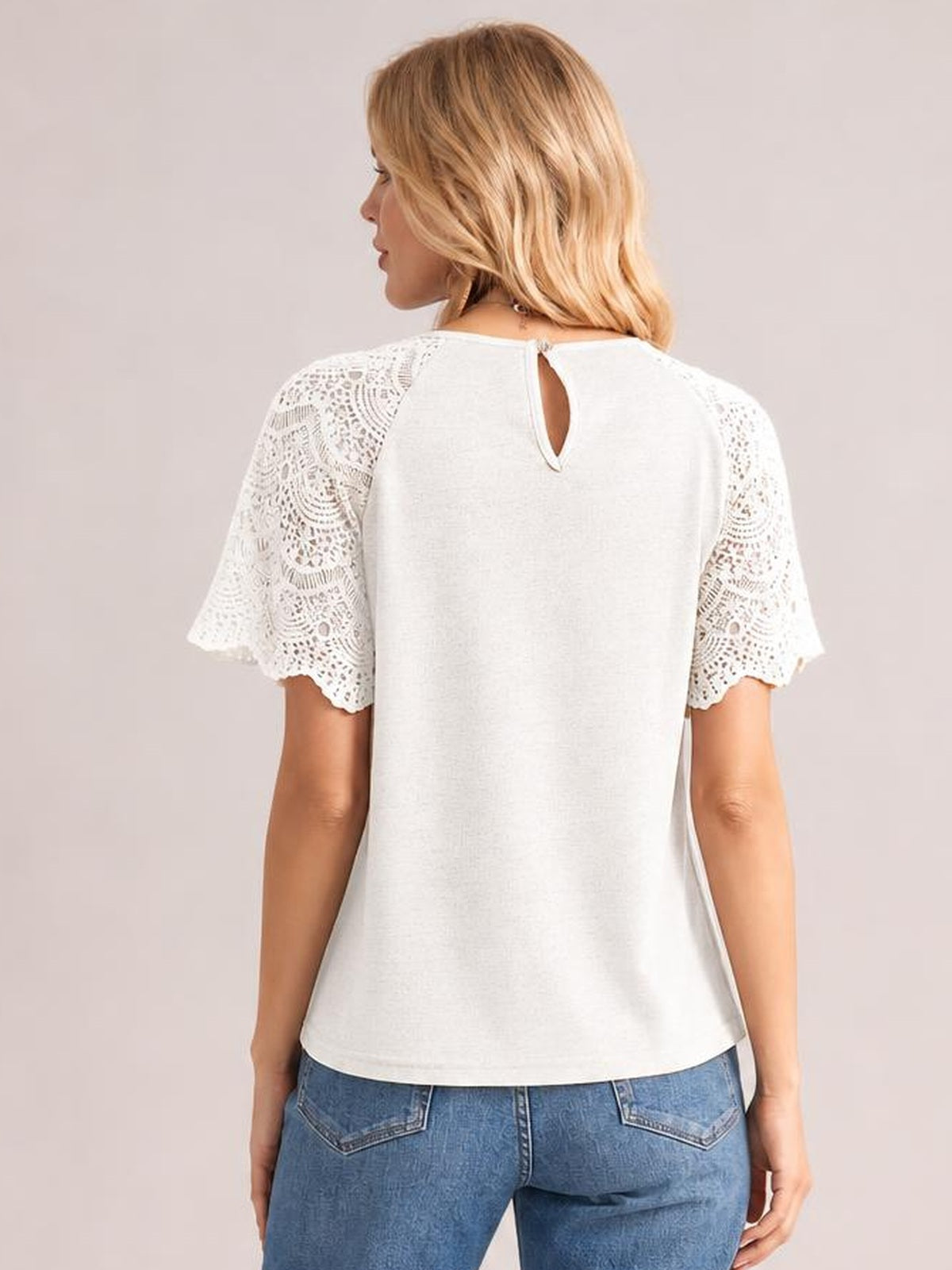 Round Neck Short Sleeve Crochet Top · Back View