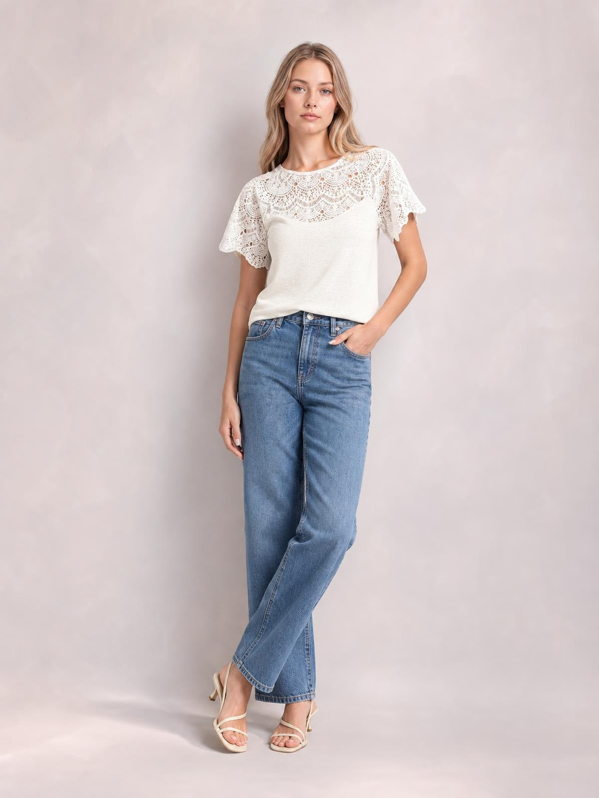 Round Neck Short Sleeve Crochet Top · Studio Prop Pose