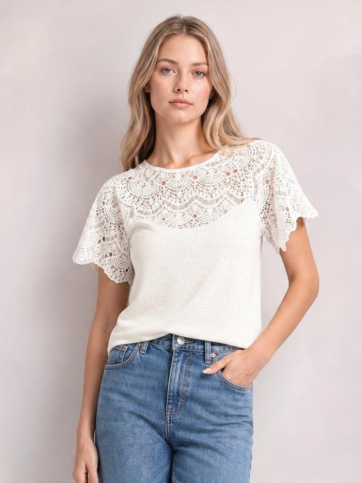 Round Neck Short Sleeve Crochet Top · Studio Prop Pose