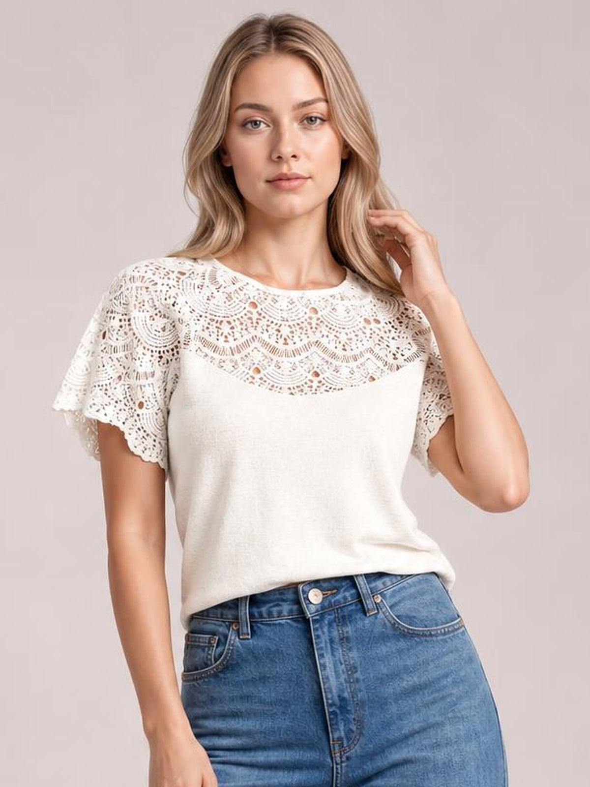 Round Neck Short Sleeve Crochet Top · Medium / Three-Quarter