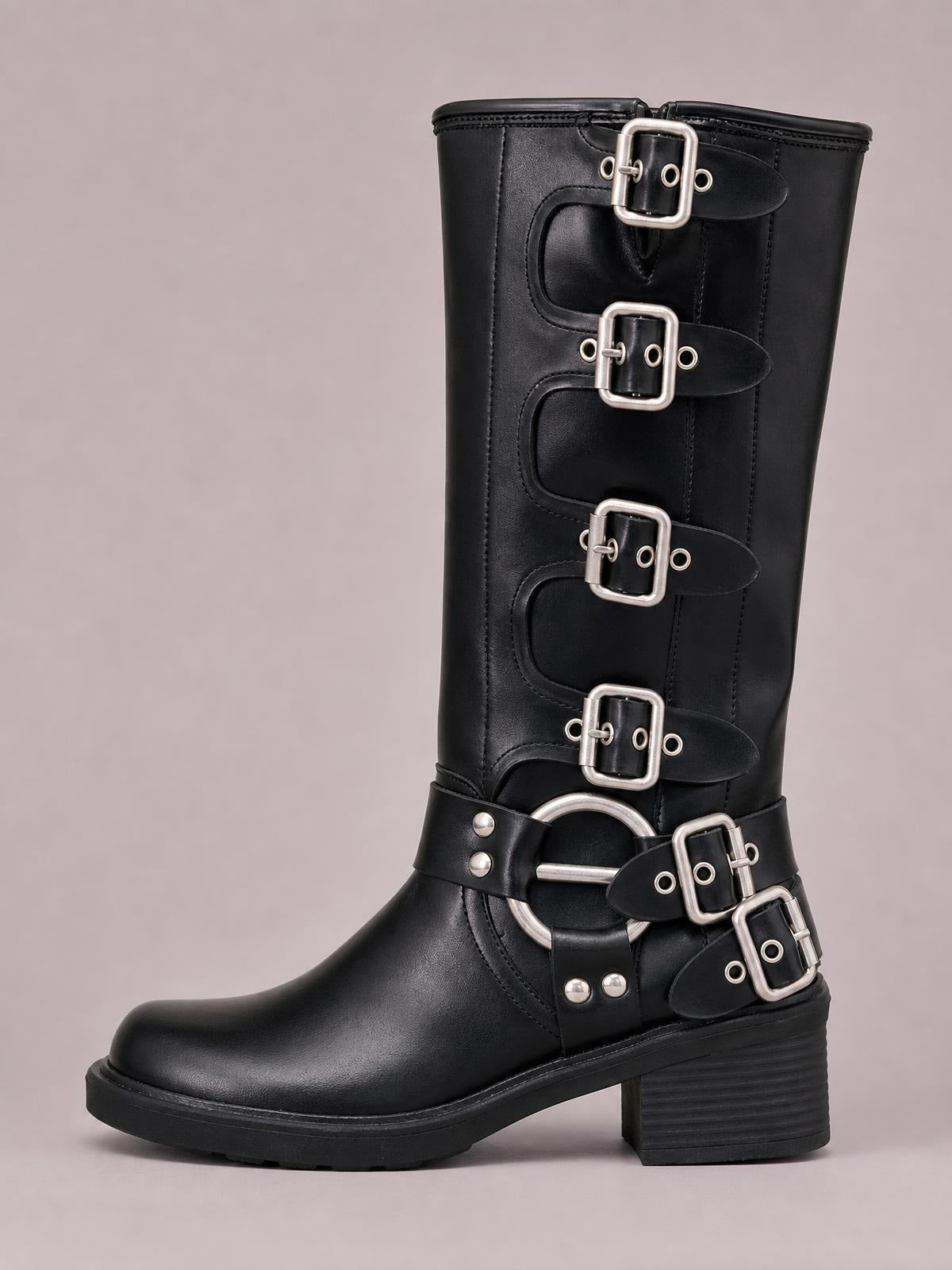 Black PU leather round-toe boots feature a tall silhouette, multiple silver-tone buckle straps, a sturdy rubber sole, and mid-height block heels.