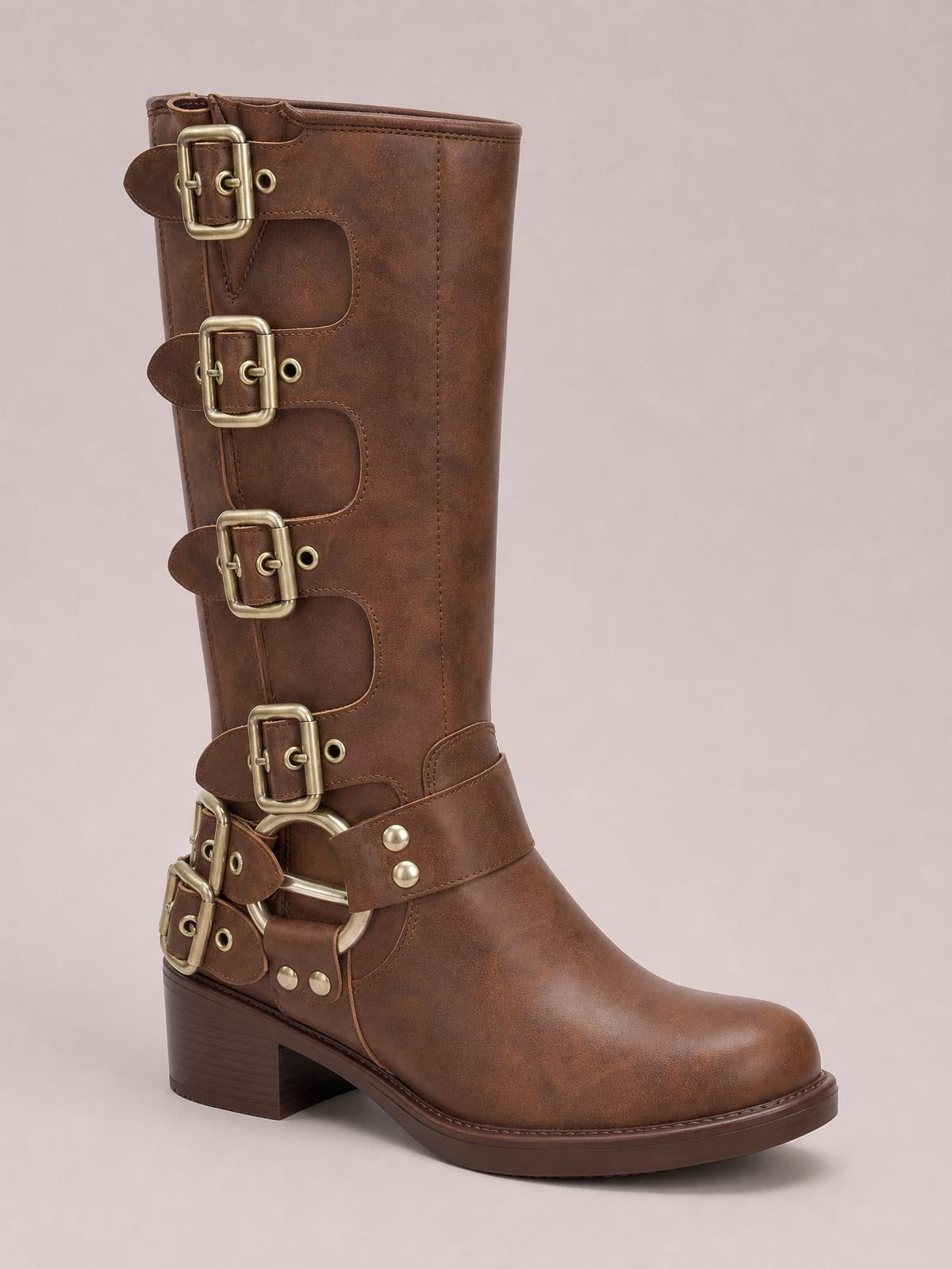 Brown PU leather knee-high boots with round toes, mid block heels, multiple buckle straps, stitched panels, and durable rubber soles.