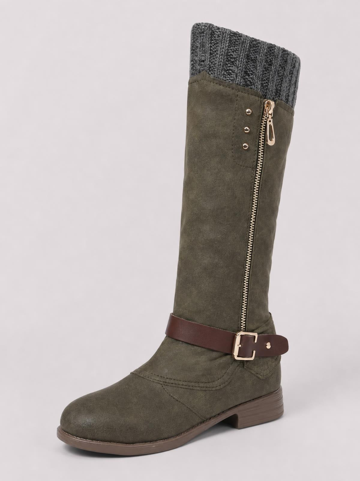 Olive suede round-toe block-heel boot with a tall shaft, ribbed knit cuff, side zipper, brown buckled ankle strap, and rubber sole.