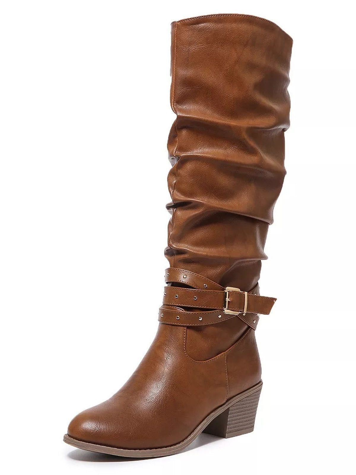Brown PU leather boots feature a round toe, slouchy tall shaft, wraparound studded buckle straps, stitched panels, and a mid-height block heel.