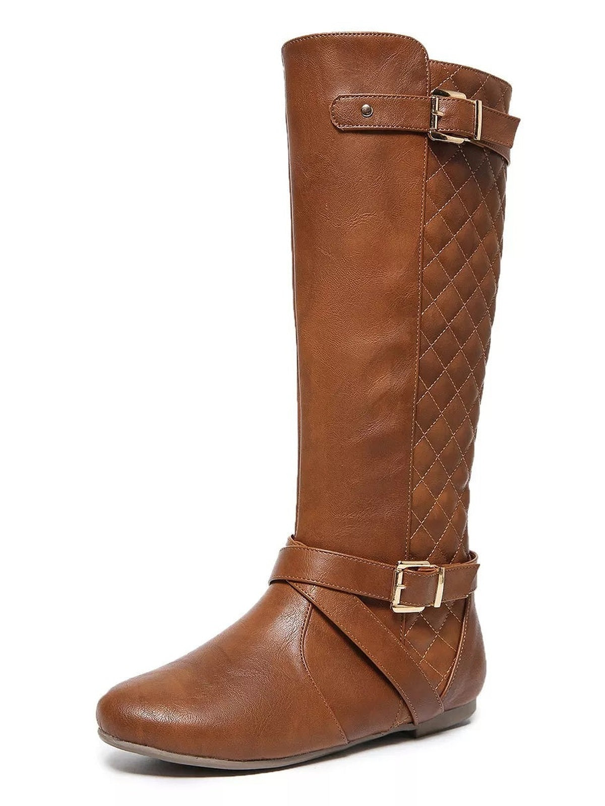 A brown PU leather knee-high boot with a round toe, low block heel, quilted side panel, and two adjustable buckle straps.