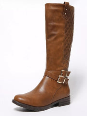 Brown PU leather knee-high boots feature round toes, mid block heels, quilted shaft panels, double buckle straps, and sturdy rubber soles.