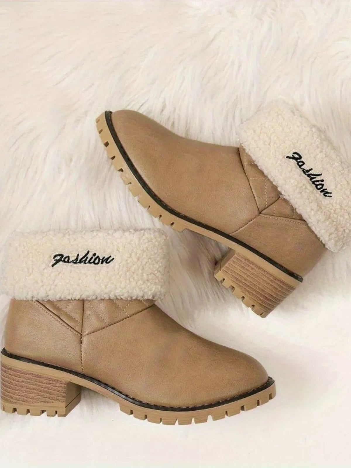 Tan PU leather round-toe block-heel boots feature fluffy cuffs, quilted ankle panels, and chunky lugged rubber soles.
