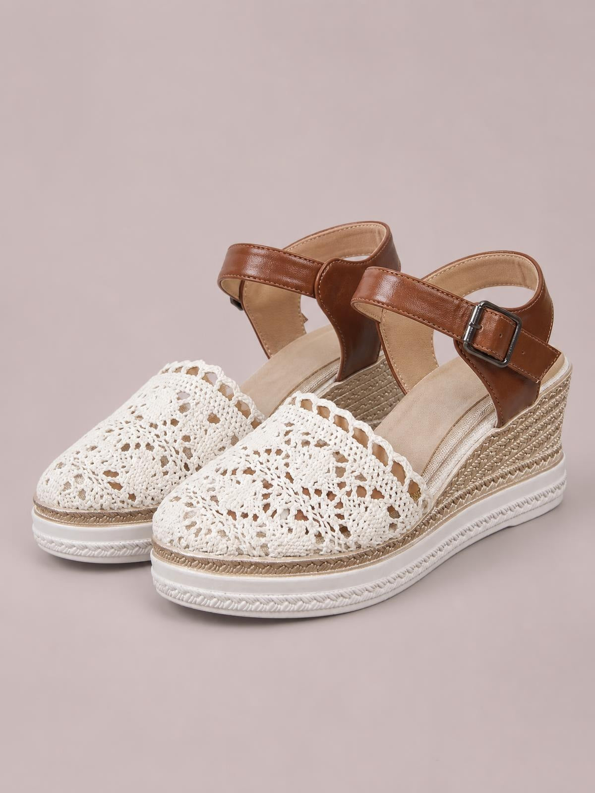 White mesh round toe wedge sandals feature woven uppers, brown PU leather ankle straps with buckles, mid-height wedge heels, and rubber platform soles.