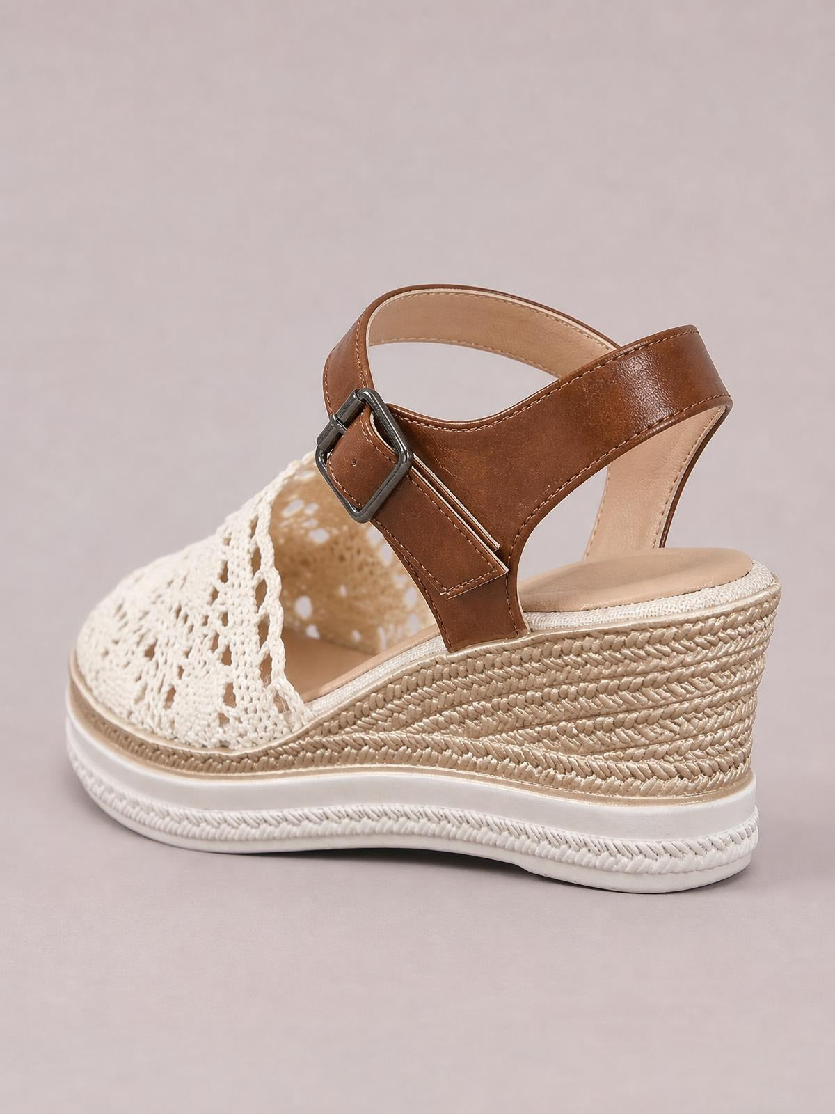 Brown PU leather and cream mesh round toe wedge sandals with buckled ankle straps, woven platform soles, and mid-height wedge heels.