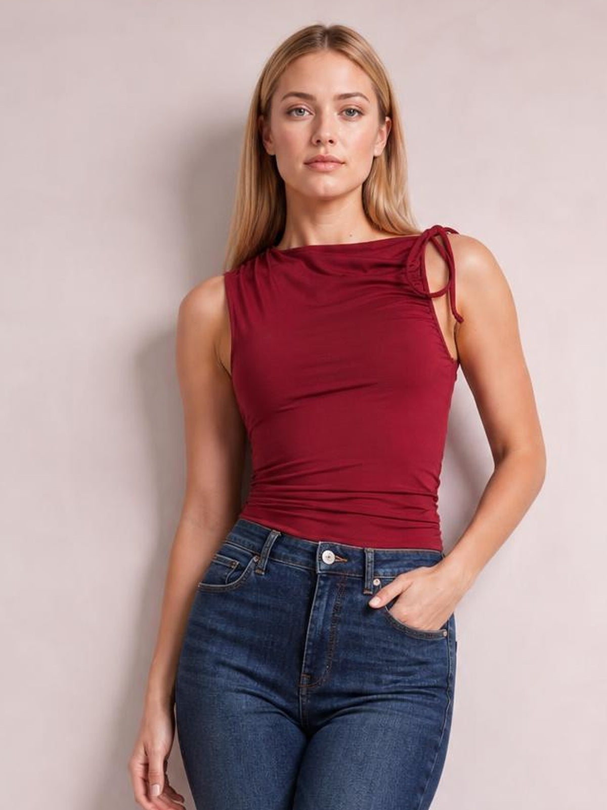 Ruched Tied Solid Color Tank · Studio Prop Pose
