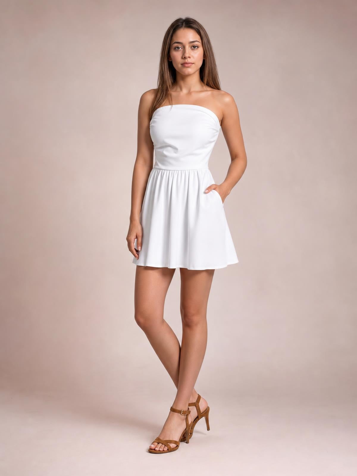 A model poses in a white ruched tube mini dress with a strapless neckline, fitted bodice, gathered waist, flared skirt, and a hand in its pocket.