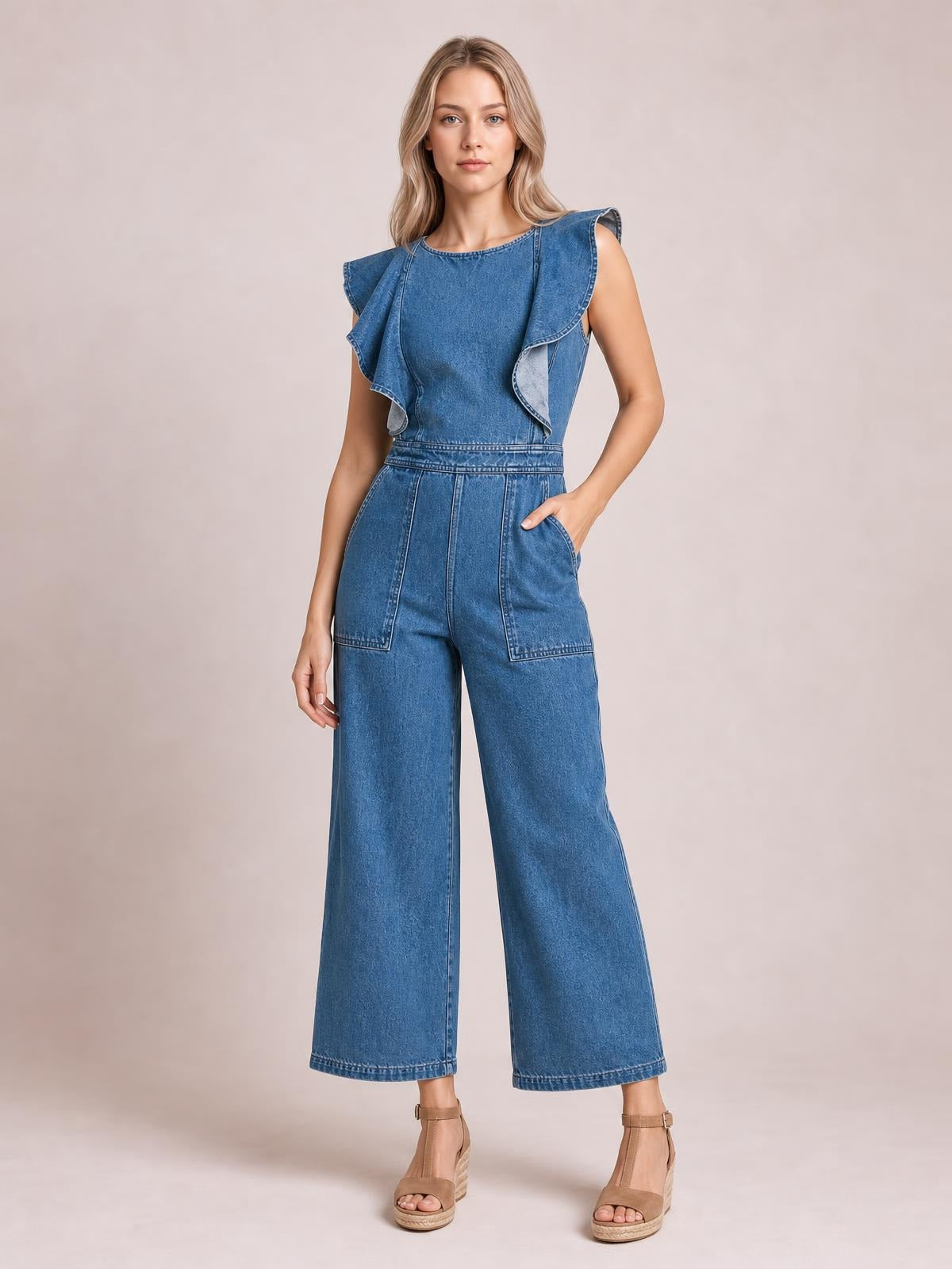 Model wears a blue denim jumpsuit with ruffled flutter sleeves, a defined waistband, wide-leg silhouette, and large front patch pockets, posing with one hand tucked inside.