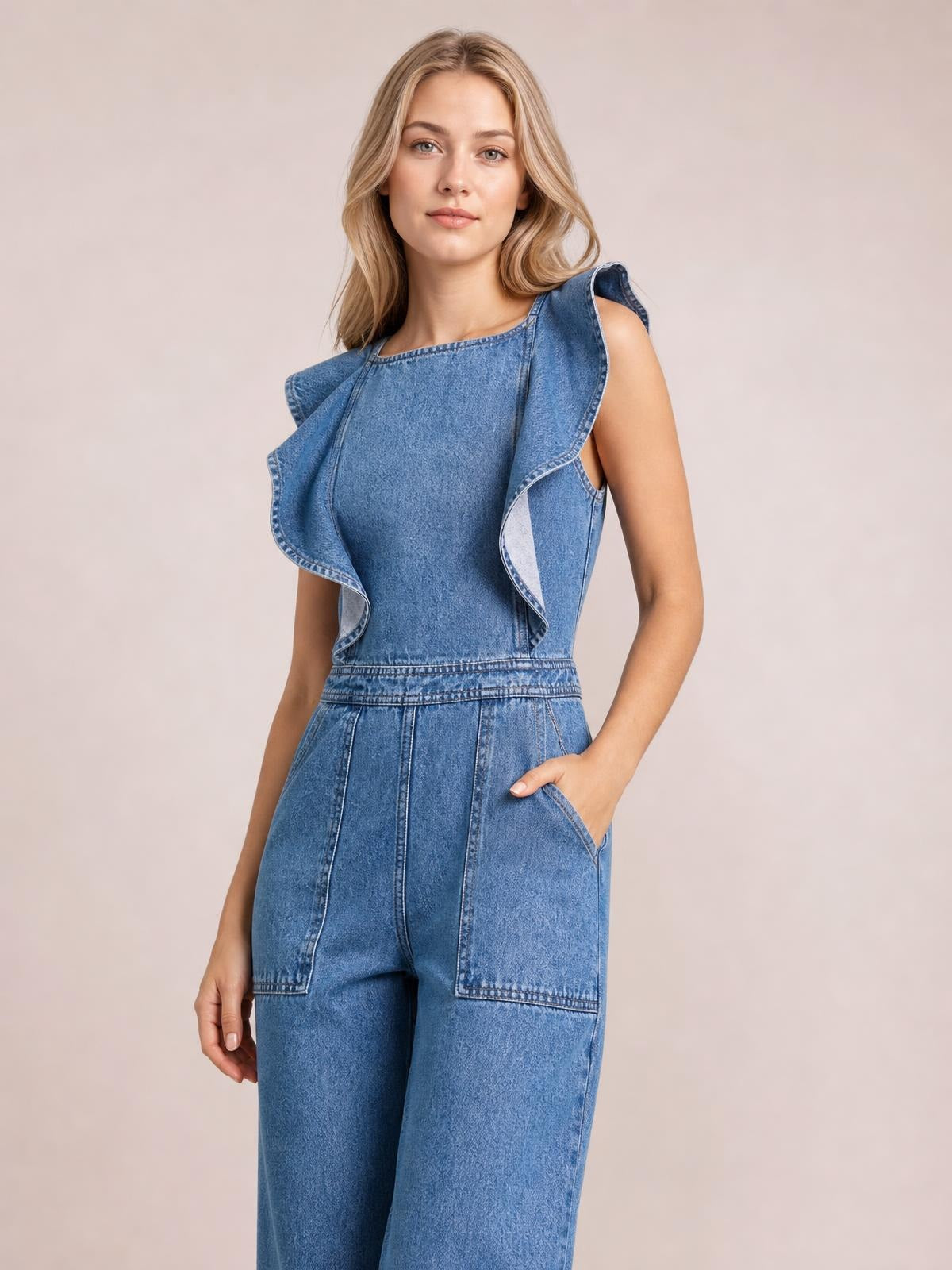 Model wearing a blue denim sleeveless jumpsuit with dramatic ruffled shoulders, a fitted waist, wide legs, and large patch pockets, posing with one hand tucked inside a pocket.