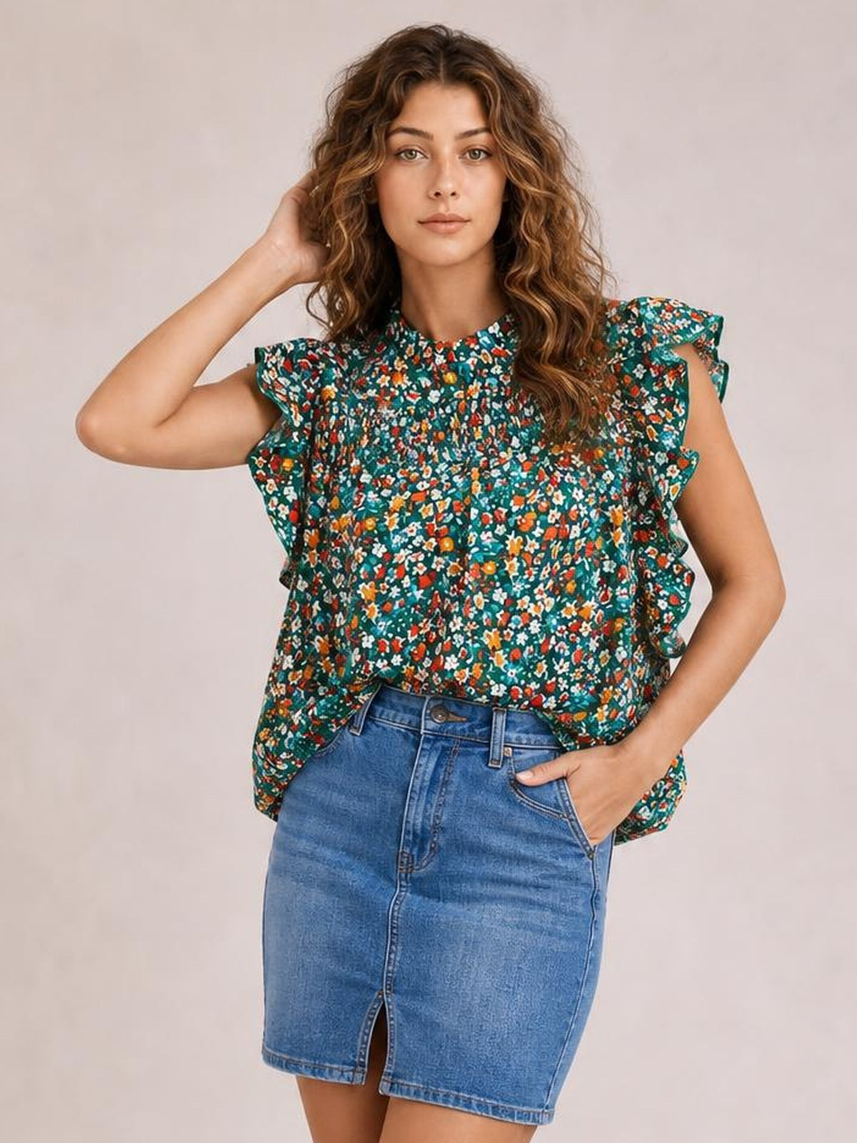 Model wearing a teal ditsy floral blouse with a mock neck, cap sleeves, ruffled edges, and a smocked bodice, posing with one hand in her pocket.