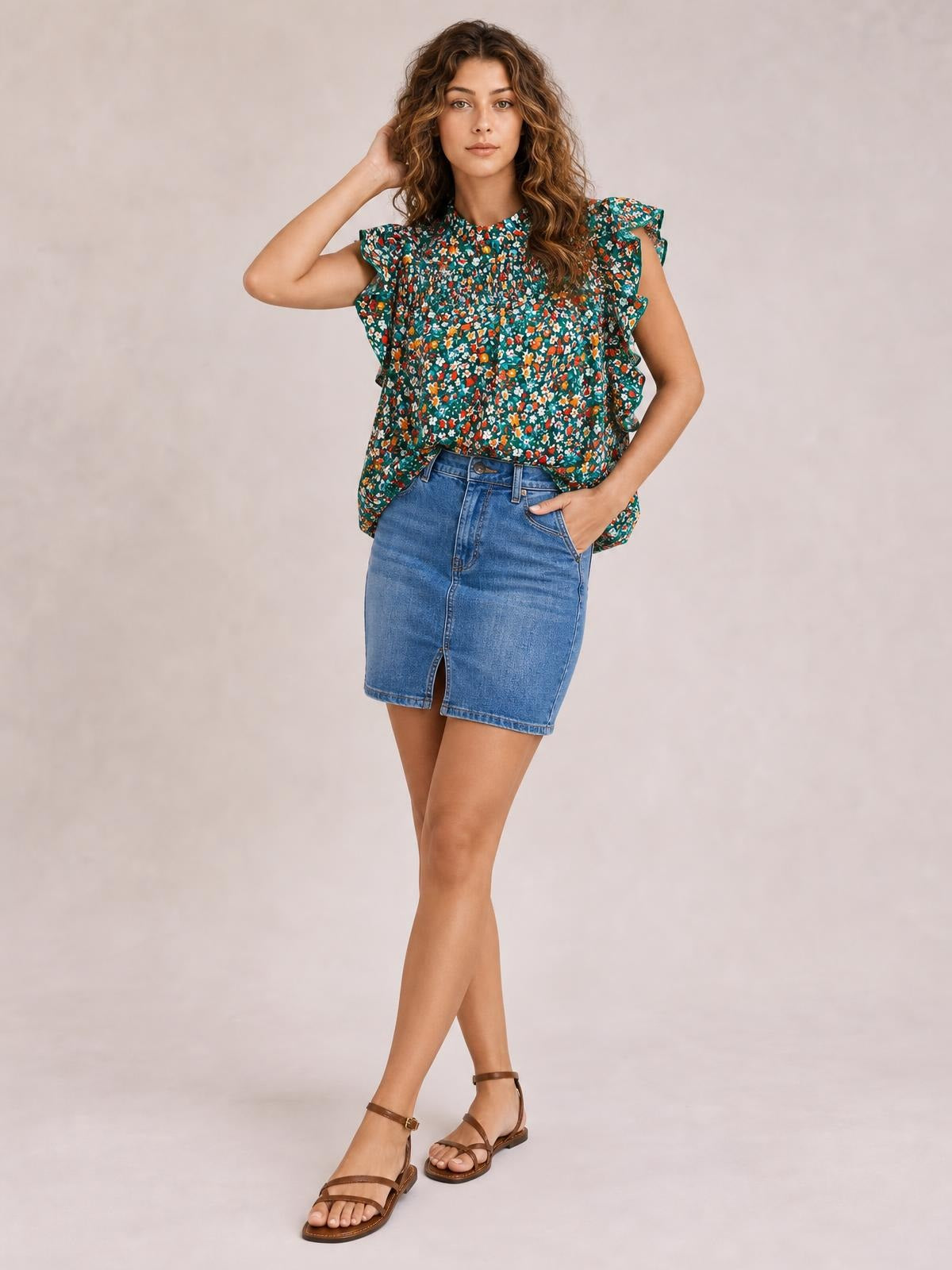 A model poses in a teal ditsy floral blouse with a mock neck, ruffled cap sleeves, smocked bodice, and relaxed silhouette.